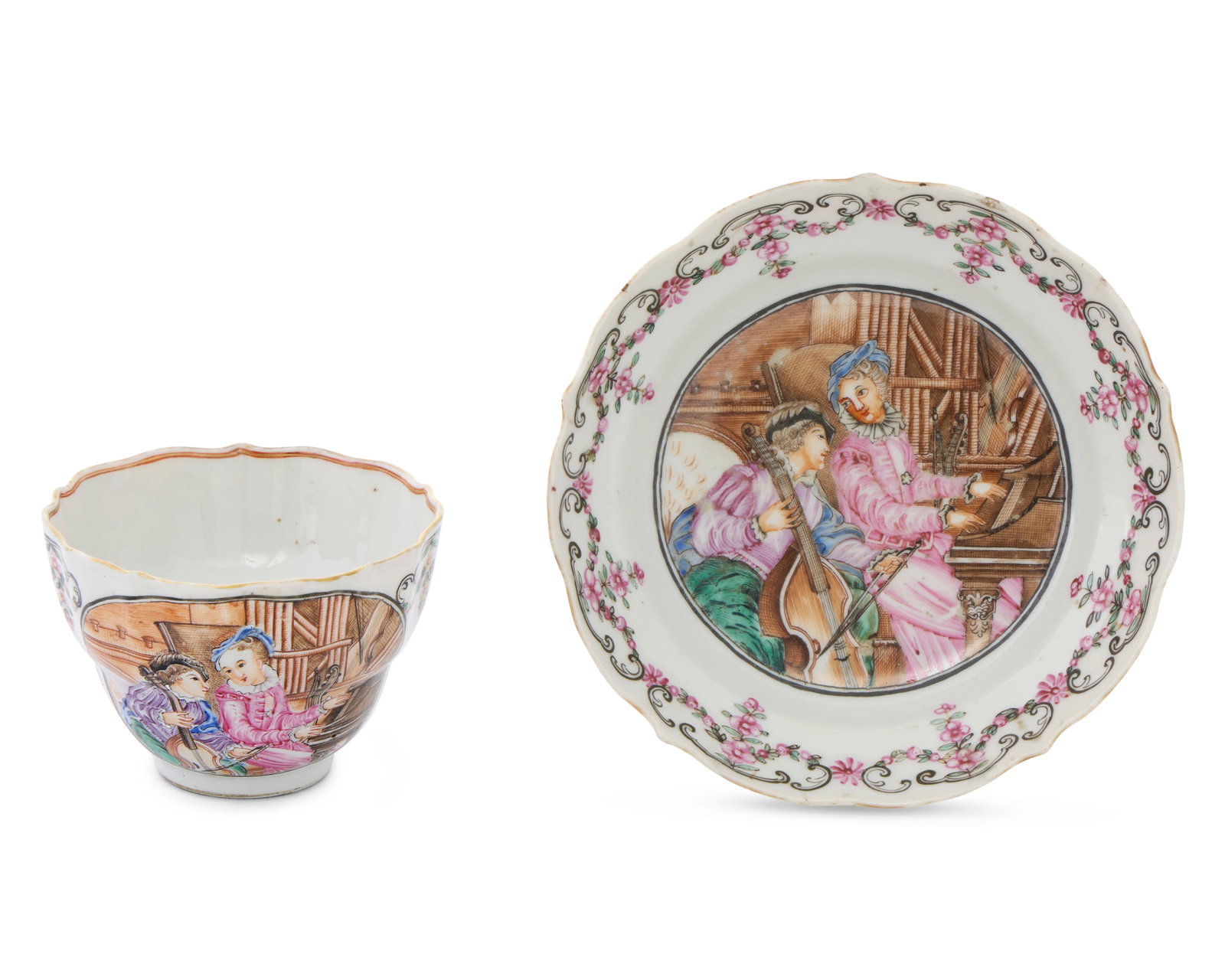 Unrecorded and Exceptional Chinese Export European Market Musical Subject Cup and Saucer: Unrecorded and Exceptional Chinese Export European Market Musical Subject Cup and Saucer ca. 1780; depicting a male cellist and a female harpsichordist and decorated with polychrome and gilt floral sw