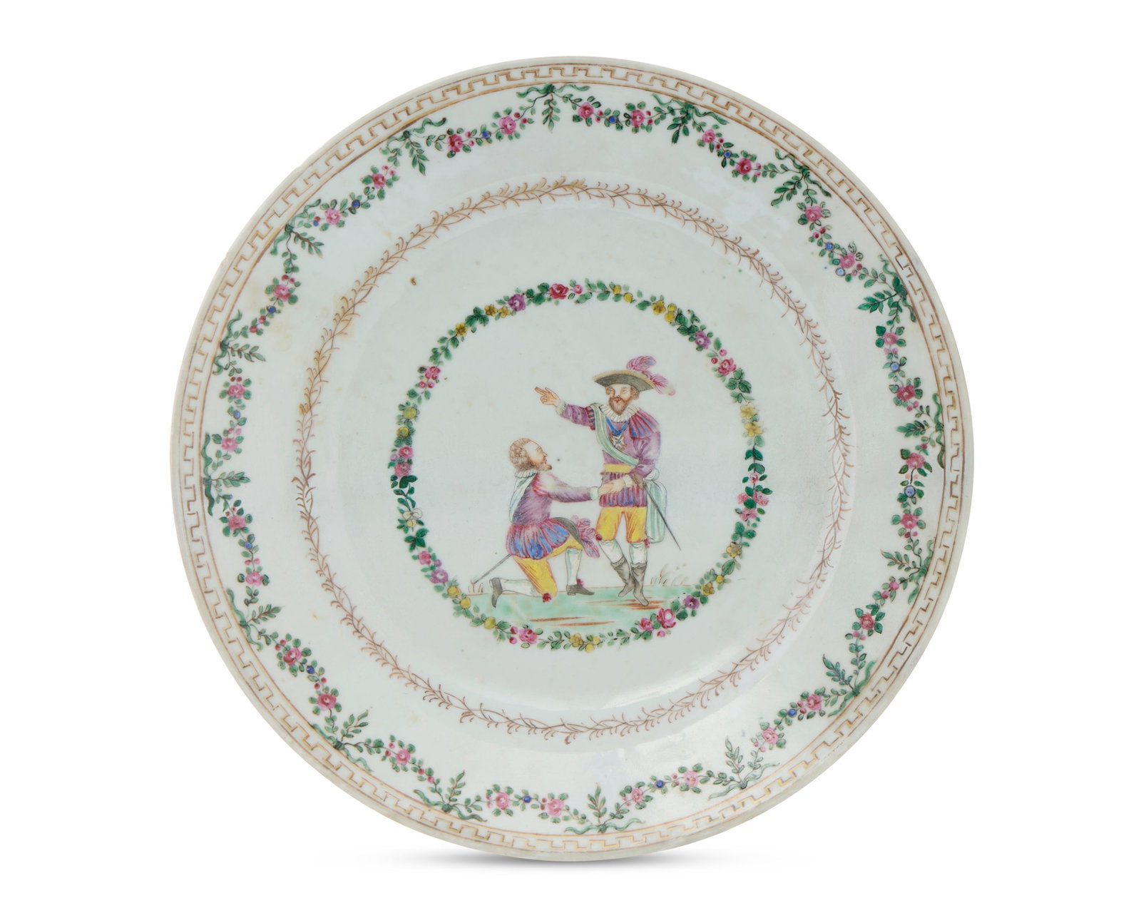 Very Rare Chinese Export European Market Royal Historical Subject Plate: Very Rare Chinese Export European Market Royal Historical Subject Plate ca. 1780; depicting in the central floral roundel the French King Henri IV and his kneeling advisor, the Duke of Sully; decorate
