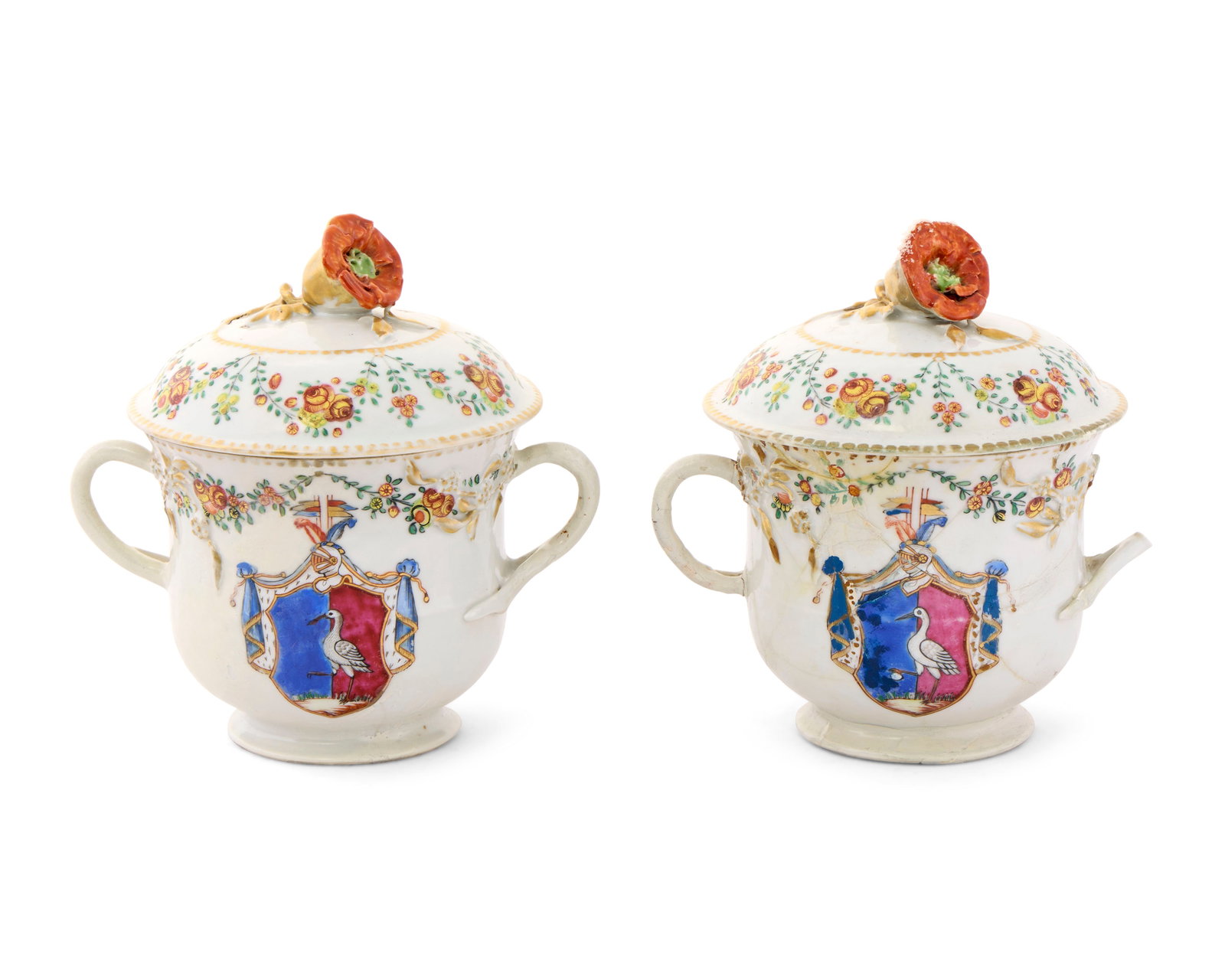 Pair of Chinese Export Swedish Market Armorial Covered Sugar Bowls: Pair of Chinese Export Swedish Market Armorial Covered Sugar Bowls ca. 1775-1785; featuring floral form finials; bearing the arms of TRANEFELT; decorated with polychrome floral swags; height: 5 1/4 in