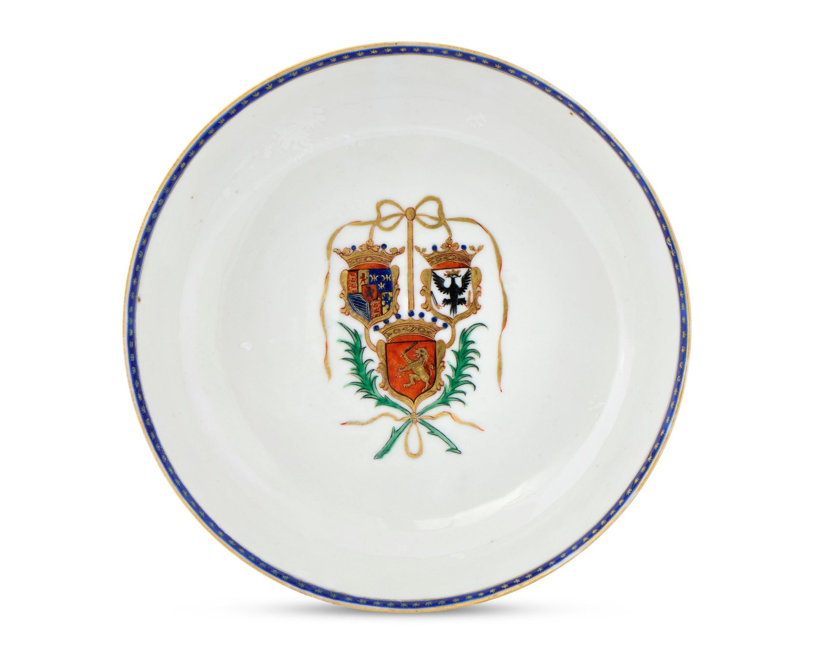 Extremely Rare Chinese Export Armorial Dish, bearing the arms of Prussia, England, and the Dutch: Extremely Rare Chinese Export Armorial Dish, bearing the arms of Prussia, England, and the Dutch Republic ca. 1790; decorated with gilt and cobalt blue starred border; created in celebration of the tr