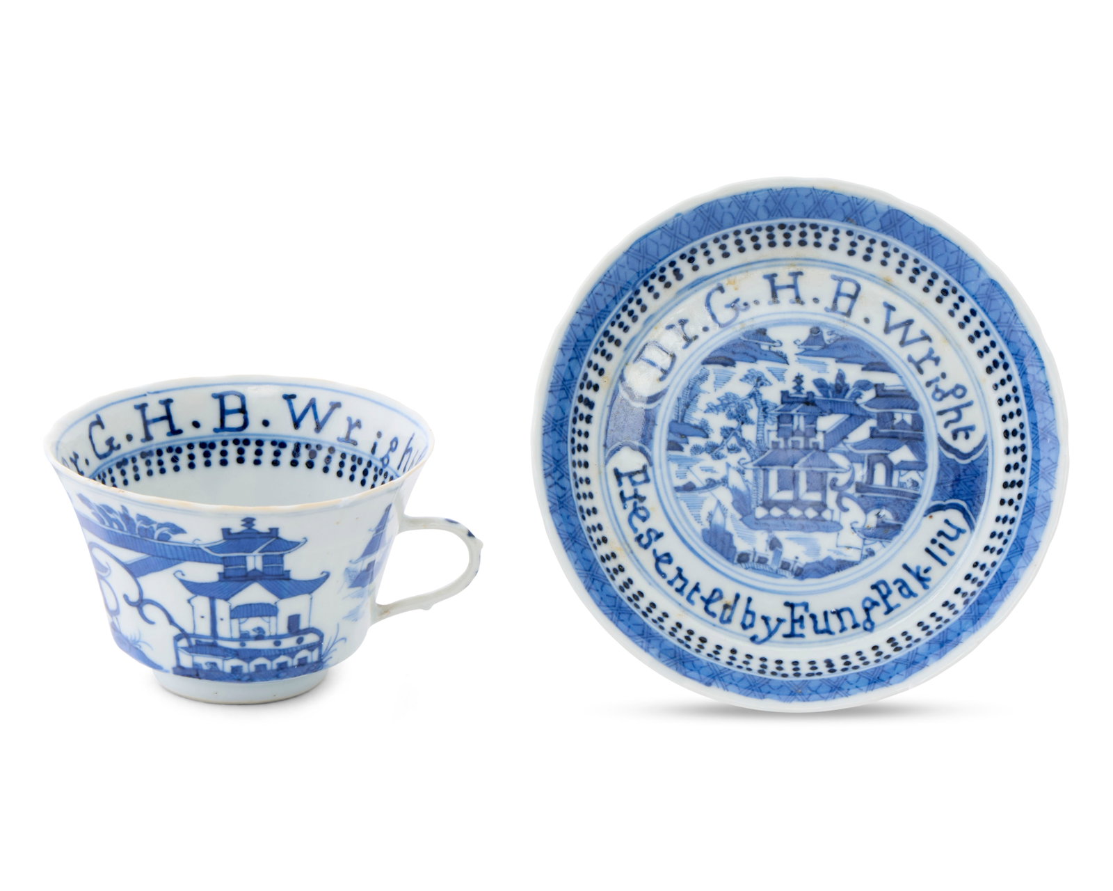 Extremely Rare Chinese Export Hong Kong Market Cup and Saucer for Dr. G.H.B. Wright (1 of 1)