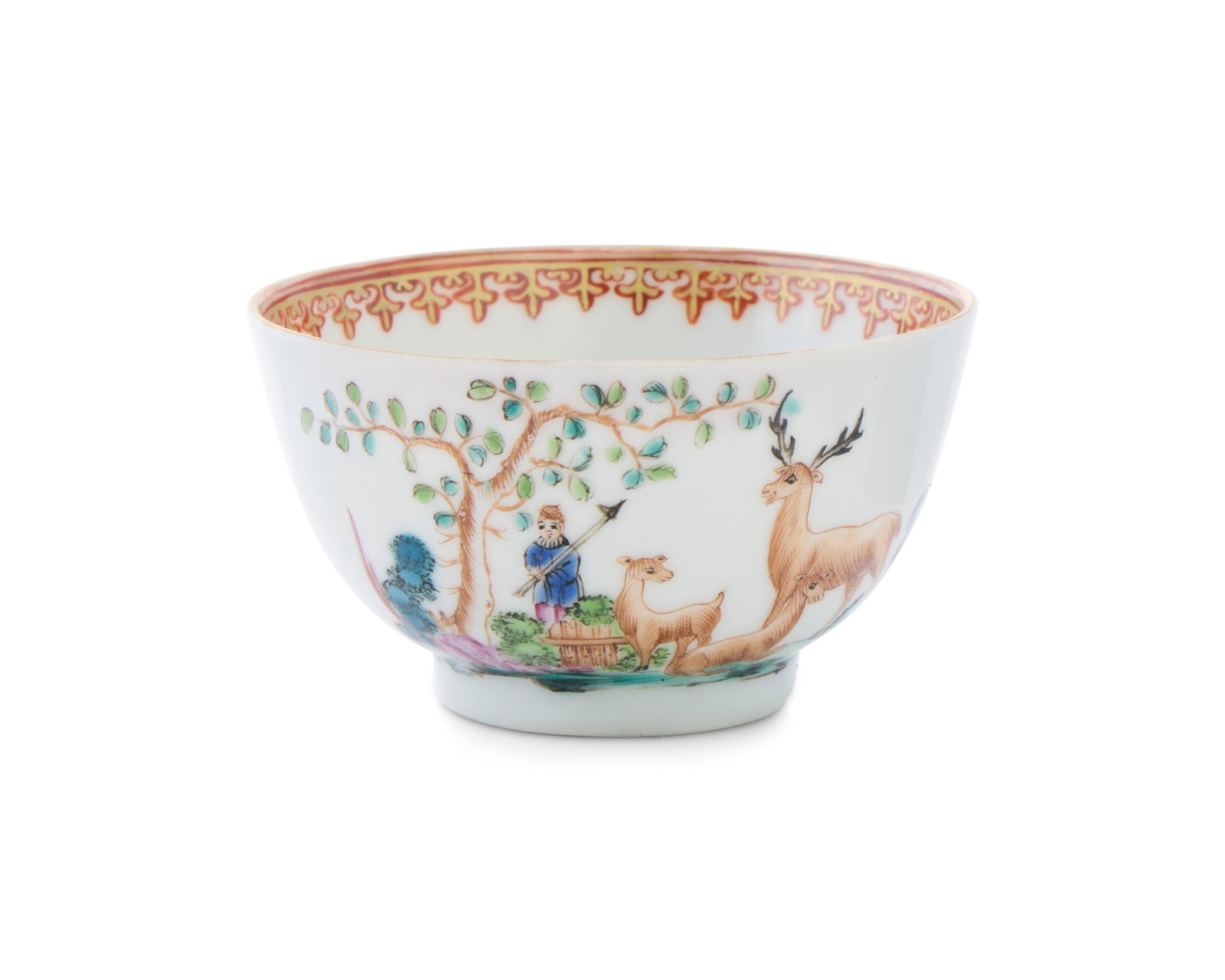 Unrecorded Chinese Export European Market Allegorical (or Armorial) Subject Polychrome Enamel Tea: Unrecorded Chinese Export European Market Allegorical (or Armorial) Subject Polychrome Enamel Tea Bowl ca. 1760; depicting an exterior scene depicting a deer and shepherd and decorated with iron red a