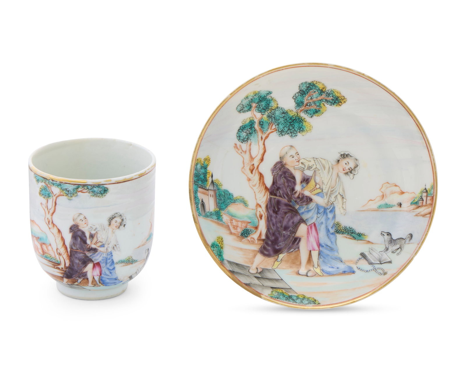 Extremely Rare Chinese Export European Market ‘Enterprising Monk’ Cup and Saucer: Extremely Rare Chinese Export European Market ‘Enterprising Monk’ Cup and Saucer ca. 1760; decorated with gilt rim and centrally depicting a famille rose scene of a monk dressed in a habit with hi