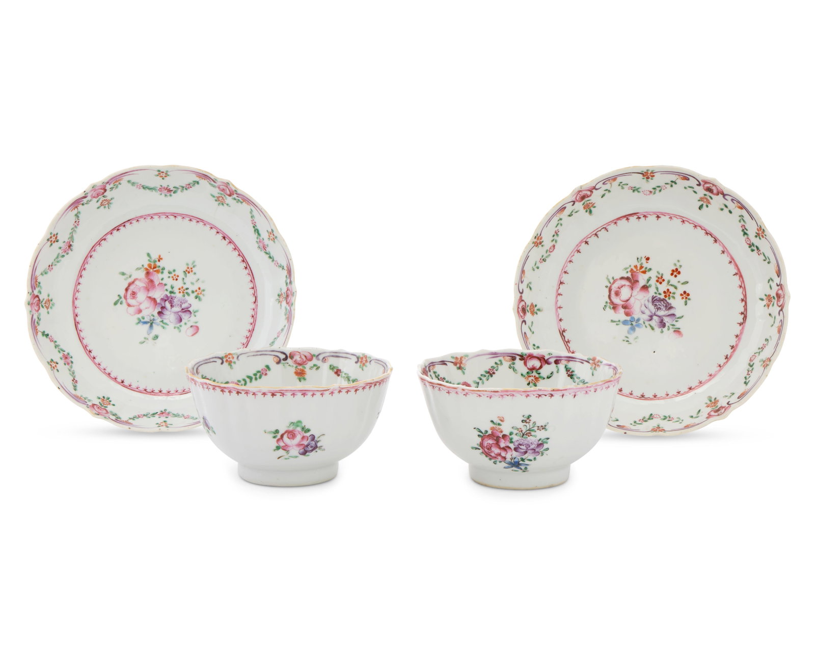 Pair of Chinese Export Famille Rose Polychrome Tea Bowls and Saucers, likely made for the American: Pair of Chinese Export Famille Rose Polychrome Tea Bowls and Saucers, likely made for the American Market ca. 1760-1770; depicting a central floral bouquet decorated with floral swag border; saucer di
