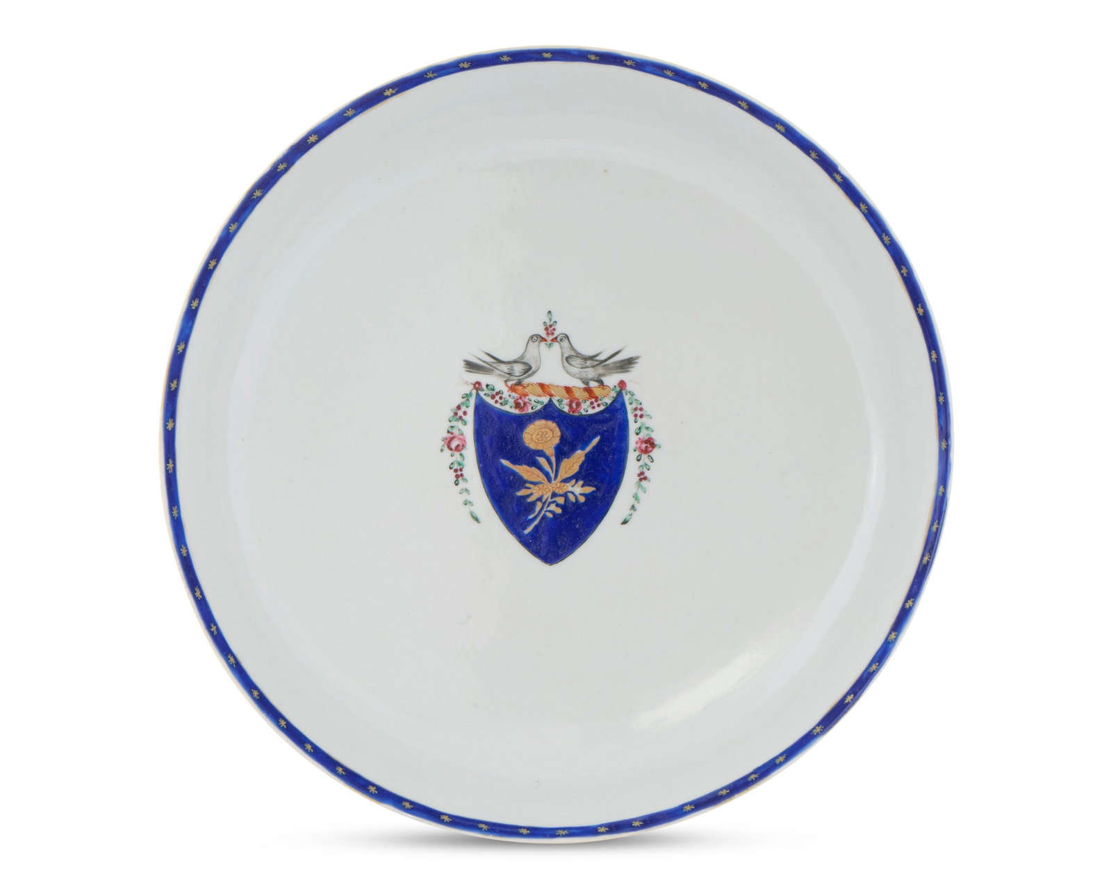Chinese Export American Market Pseudo Armorial ‘Marriage’ Dish: Chinese Export American Market Pseudo Armorial ‘Marriage’ Dish ca. 1790; centered by an underglaze blue shield centered by a gilt floral sprig, all surmounted by a pair of birds meeting up by thei