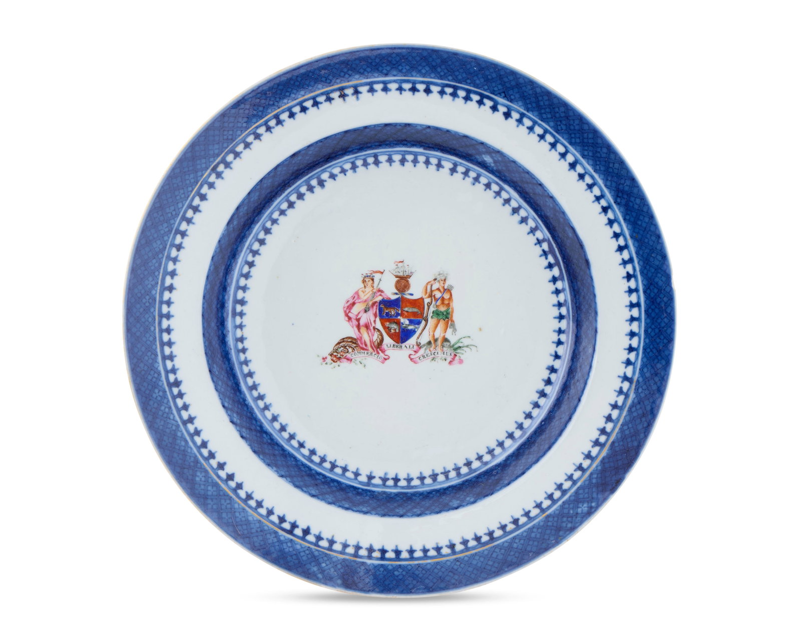 A Rare Chinese Export Canadian Market Armorial 'Trading Company' Plate: A Rare Chinese Export Canadian Market Armorial 'Trading Company' Plate ca. 1795; bearing the arms of a Canadian trading company, which features both an indigenous person and the figure of ‘Commerce�