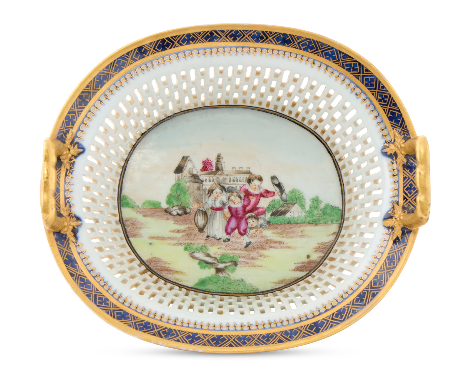 Exceptional Chinese Export American Market 'Children Coming from School' Reticulated Basket (1 of 2)
