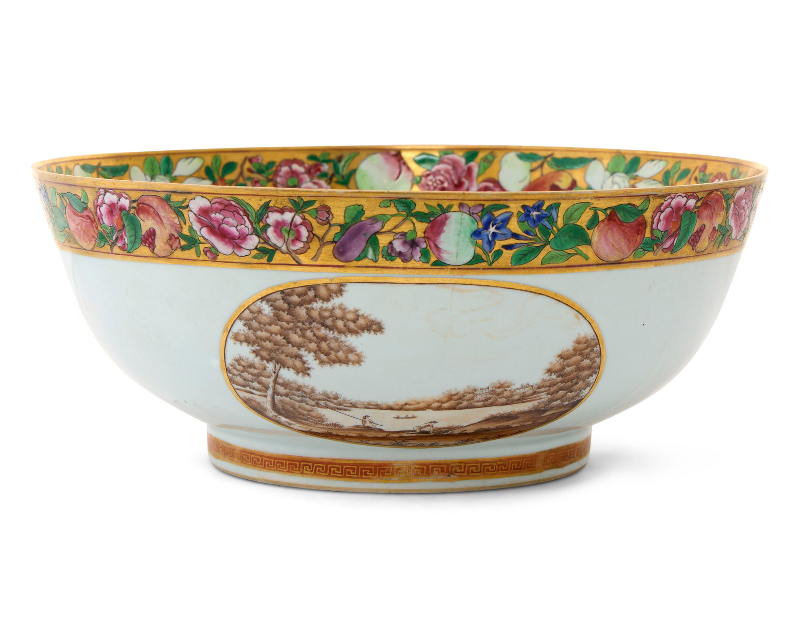 Highly Important and Massive Chinese Export American Market Landscape Subject Punch Bowl: Highly Important and Massive Chinese Export American Market Landscape Subject Punch Bowl ca. 1804; depicting on one side a sepia landscape with a lake, and the verso roundel depicting an enormous coun