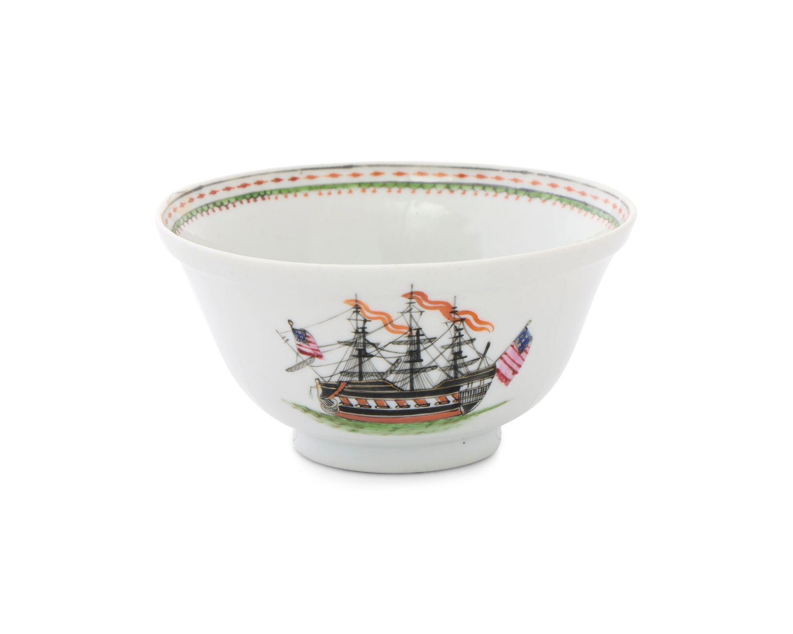 Chinese Export American Market Maritime Subject Sugar Bowl: Chinese Export American Market Maritime Subject Sugar Bowl ca. 1790; depicting a sailing ship flying the American flag and decorated with green and iron red geometric border; diameter: 4 1/2 in. Prove