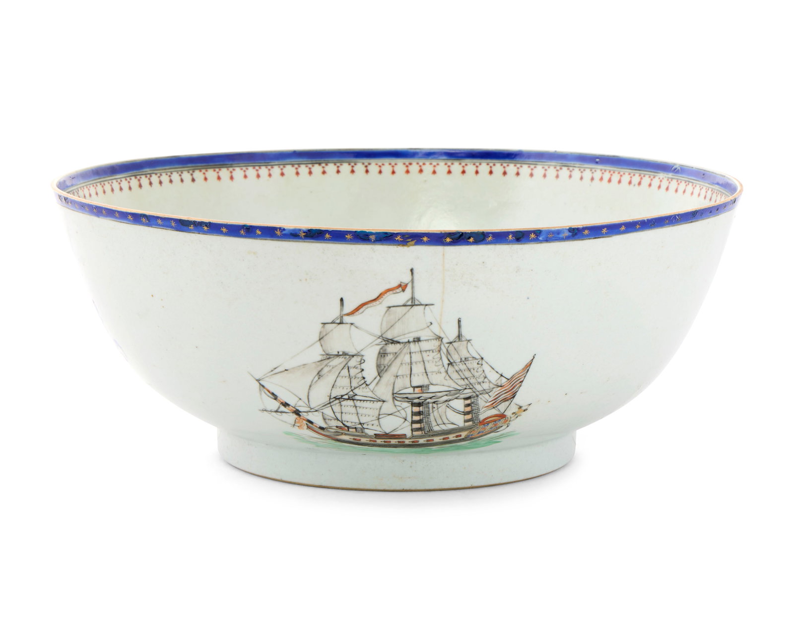 Important Chinese Export American Ship Punch Bowl, likely for the Massachusetts or Maine Market: Important Chinese Export American Ship Punch Bowl, likely for the Massachusetts or Maine Market ca. 1800; depicting a sailing ship and an interior floral spray and decorated with cobalt blue and gilt 