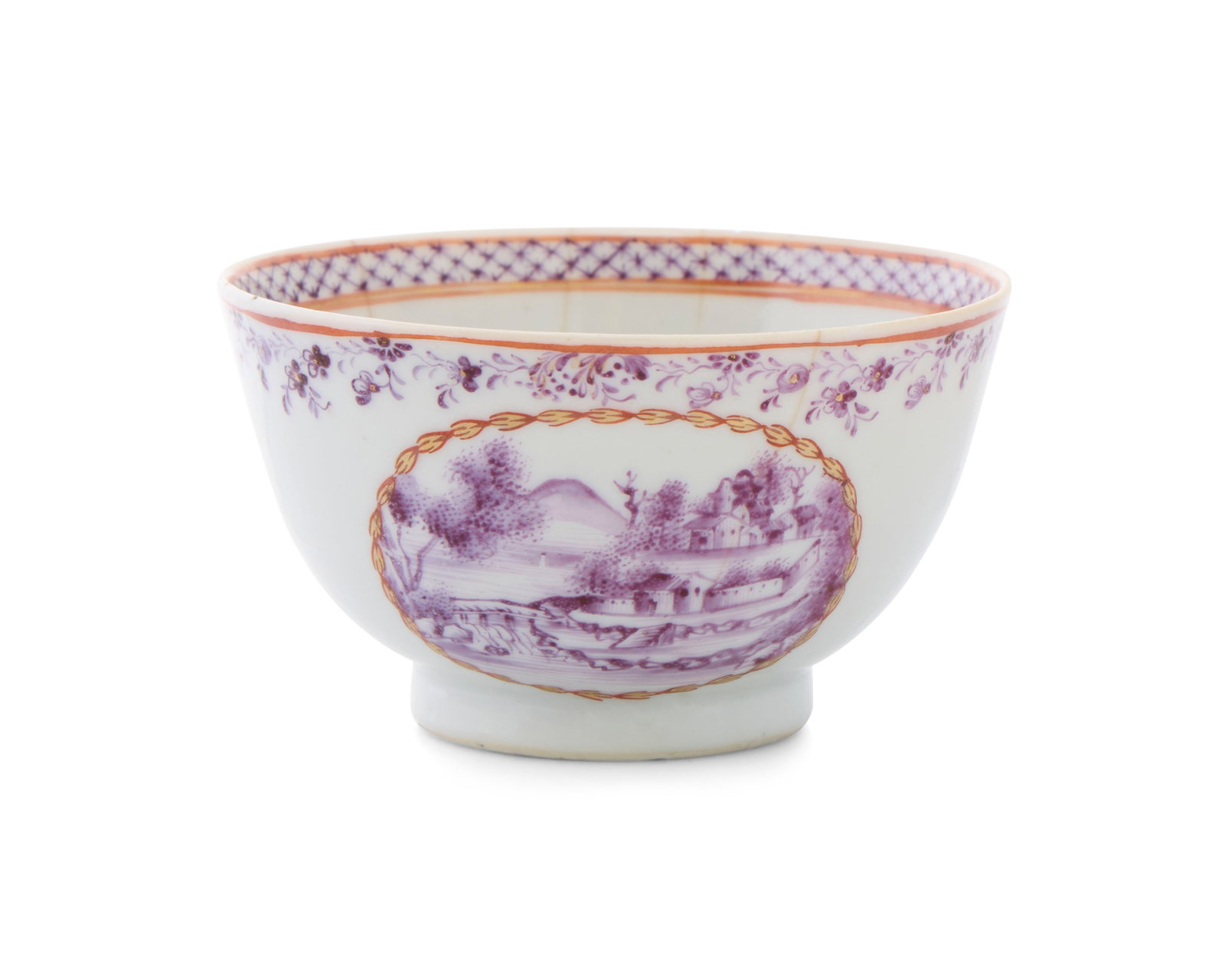 Very Rare Unrecorded Chinese Export American Market Violet-Enamelled Landscape Tea Bowl: Very Rare Unrecorded Chinese Export American Market Violet-Enamelled Landscape Tea Bowl ca. 1810-20; depicting in the central roundel a landscape trimmed with a gilt and iron red chain border and deco