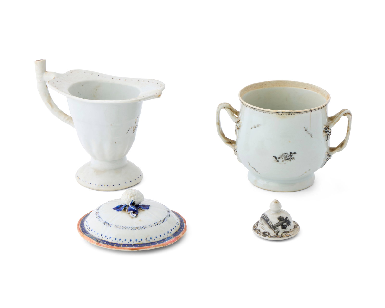Collection of Chinese Export Items: including a Helmet Pitcher, Sugar Bowl, and Three Lids (1 of 1)