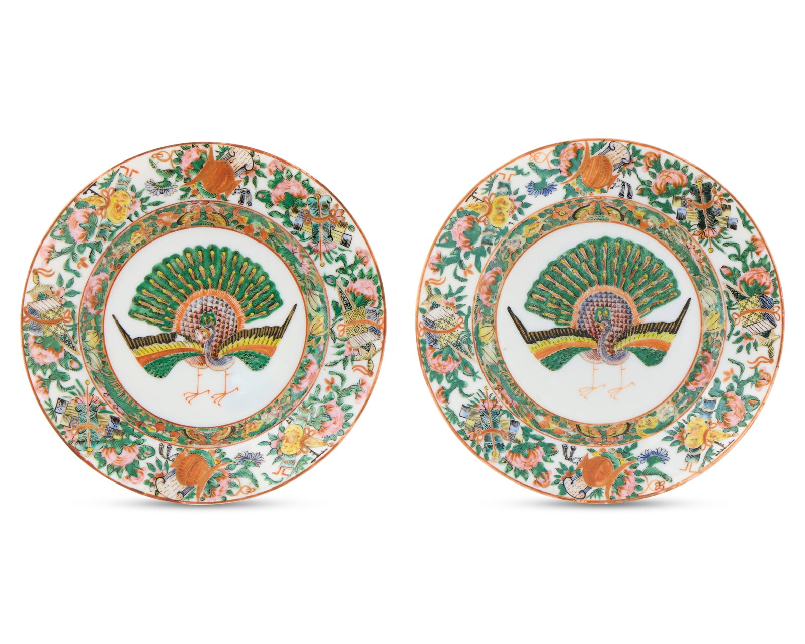 Exceptional Pair of Chinese Export American Market Canton Famille Rose Peacock Plates (1 of 1)