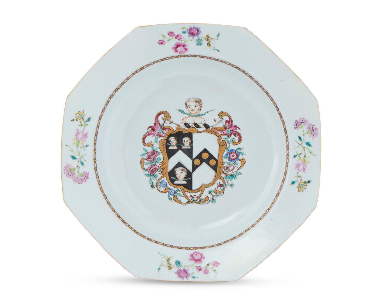 Chinese Export Armorial Octagonal Soup Plate made for Samuel Vaughan, friend of George Washington: Chinese Export Armorial Octagonal Soup Plate made for Samuel Vaughan, friend of George Washington ca. 1770; bearing central arms of Vaughan impaling Hallowell; decorated with gilt and blue chain borde