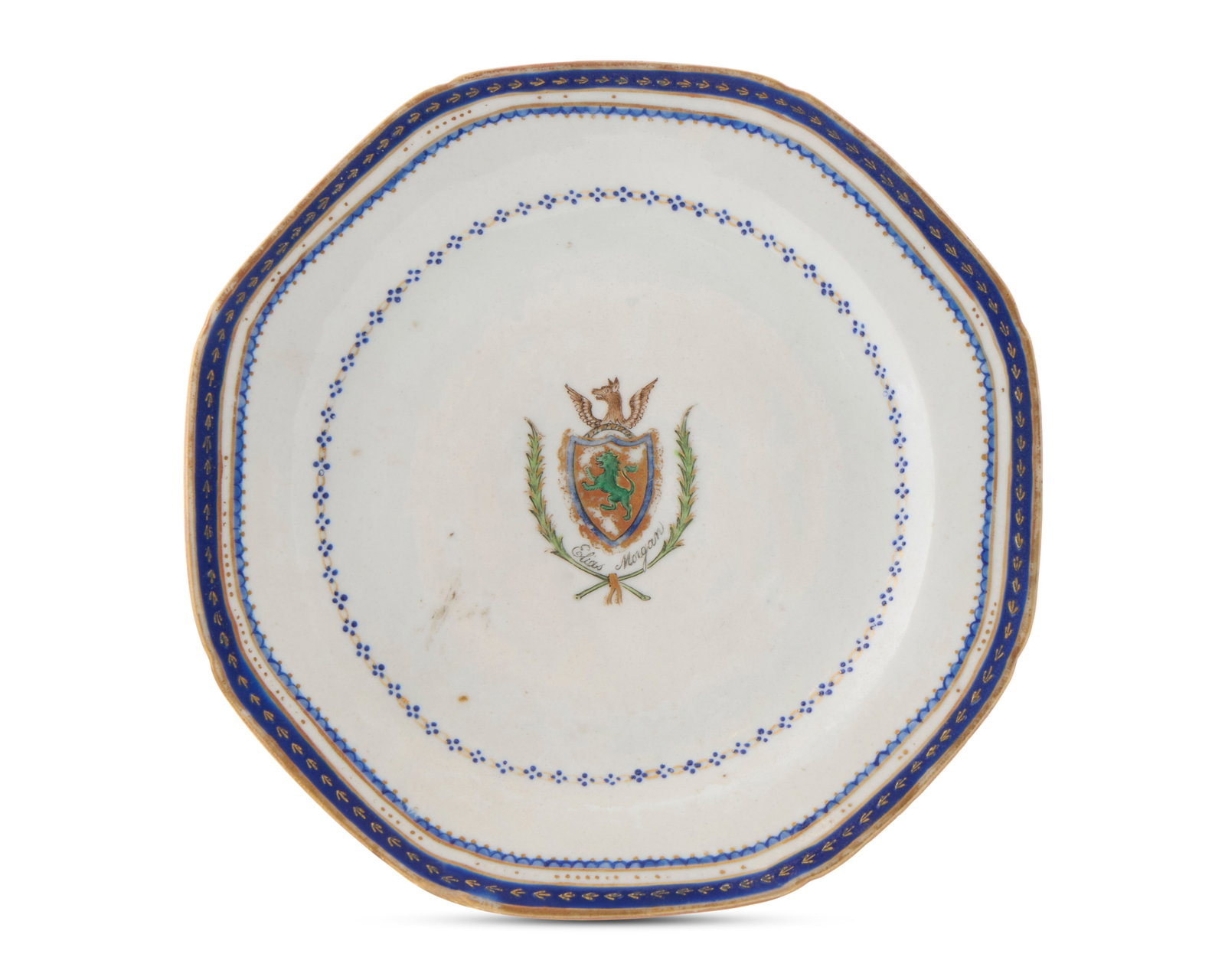 Rare Chinese Export American Market Armorial Plate from the cargo of the Empress of China, the first: Rare Chinese Export American Market Armorial Plate from the cargo of the Empress of China, the first American ship to port at Canton ca. 1786-1787; with blue enameled rim decorated with gilt husks, a 