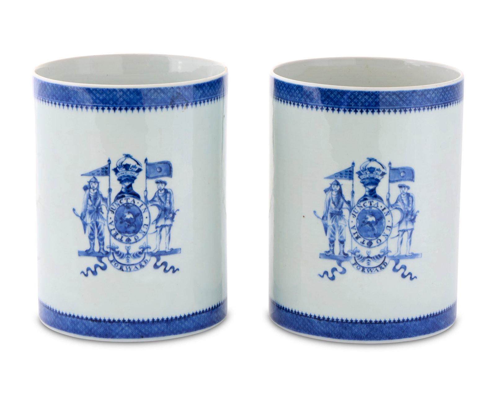 Pair of Iconic and Massive Chinese Export Armorial Mugs from the service of Admiral ‘Hot ‘n: Pair of Iconic and Massive Chinese Export Armorial Mugs from the service of Admiral ‘Hot ‘n Hot’ Hughes, British naval officer who figured prominently in the Revolutionary War ca. 1790; featurin