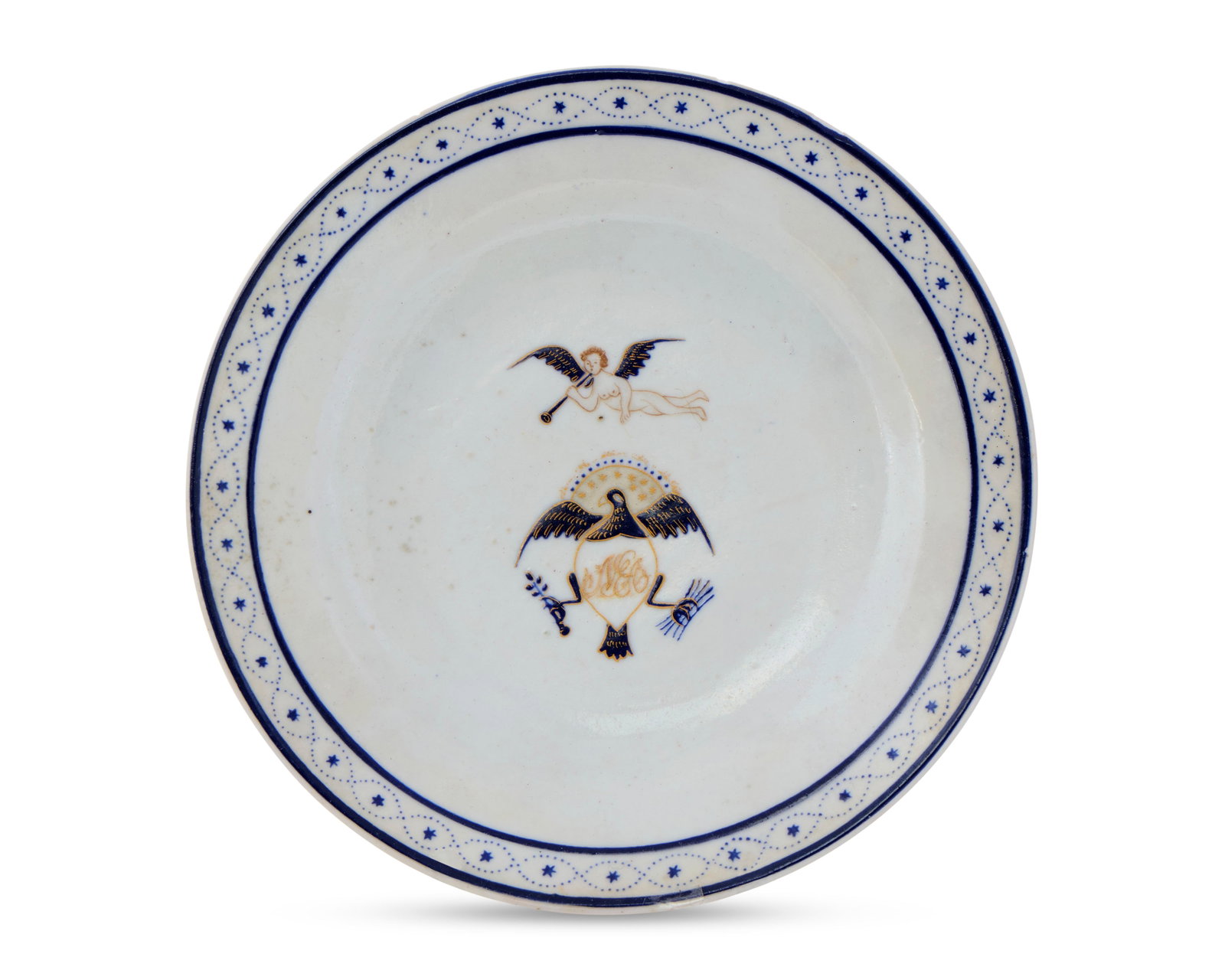 Highly Important and Exceptional Chinese Export American Market Monogrammed Pseudo-Society of: Highly Important and Exceptional Chinese Export American Market Monogrammed Pseudo-Society of Cincinnati Plate ca. 1795-1800; depicting a Pseudo-Society of Cincinnati design with a personification of 