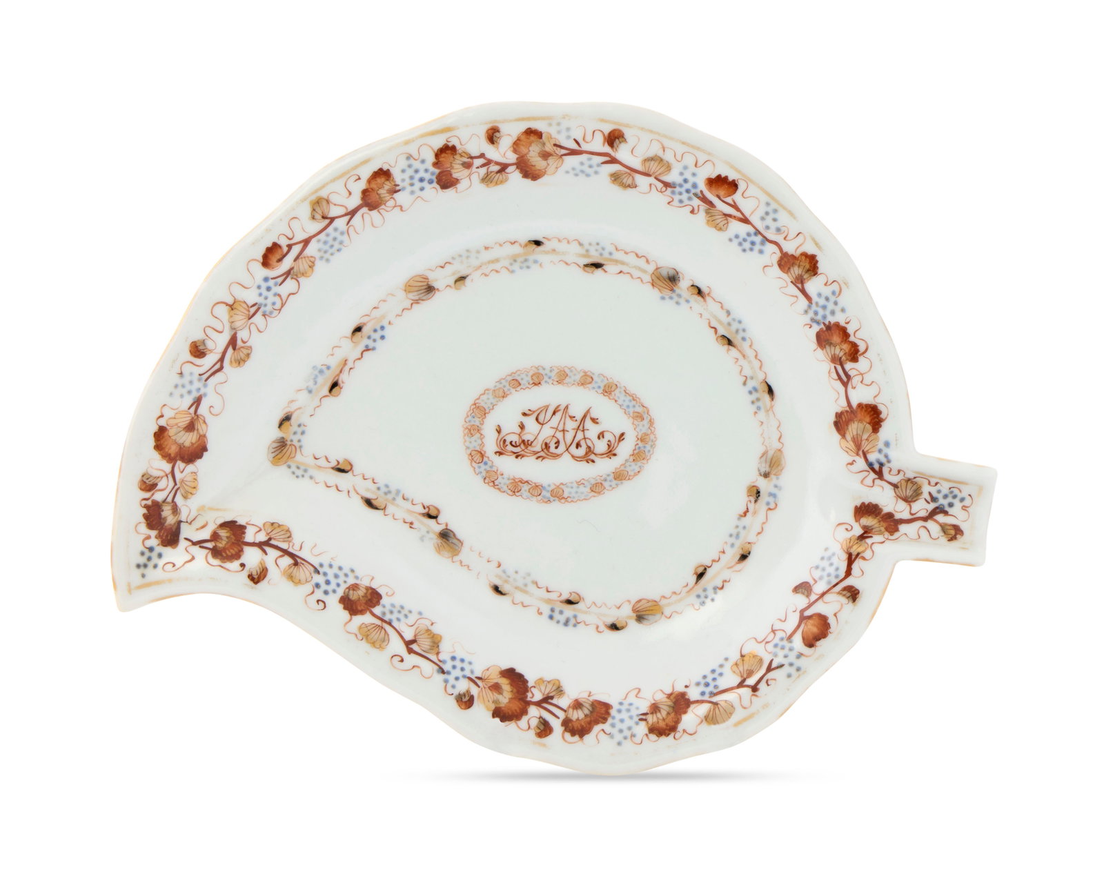 Exceptional Chinese Export American Market Leaf-Shaped Dish from the service of Second President: Exceptional Chinese Export American Market Leaf-Shaped Dish from the service of Second President John Adams and his wife Abigail Adams ca. 1800; bearing the central monogram JAA; decorated with gilt, 