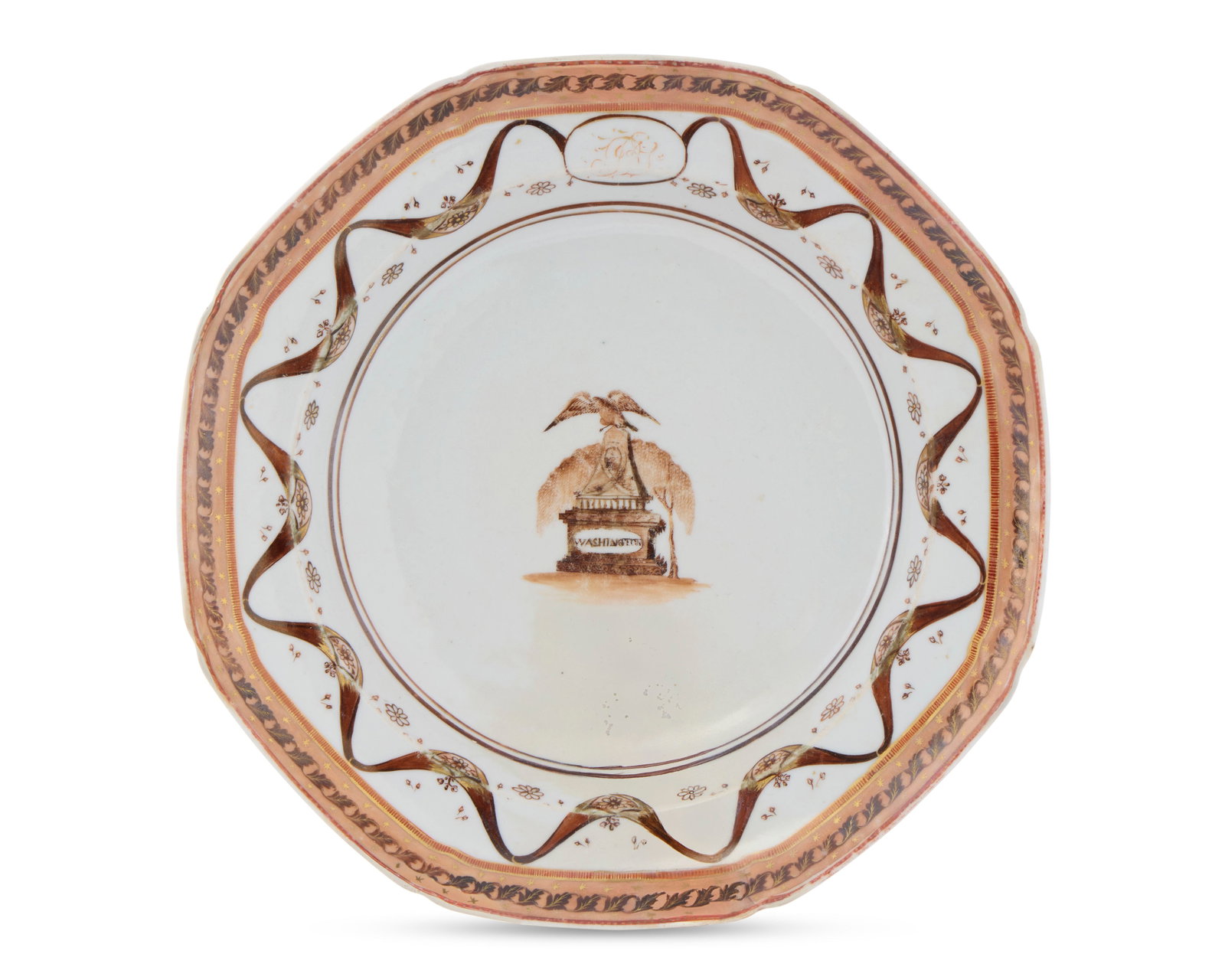 Highly Important and Iconic Chinese Export American Market Octagonal Plate, depicting a Simplified: Highly Important and Iconic Chinese Export American Market Octagonal Plate, depicting a Simplified Monument to George Washington, from the service of Joseph and Rebecca Sims, Philadelphia, Pennsylvani