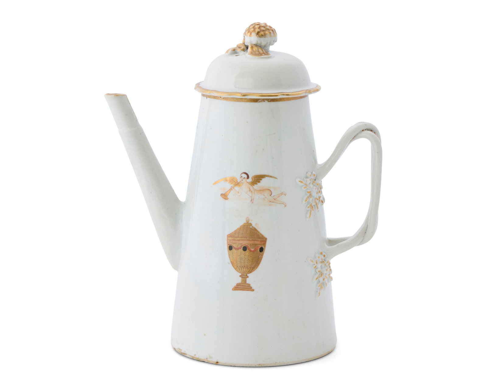 Unrecorded Chinese Export American Market Lighthouse Coffee Pot with a Pseudo-Society of Cincinnati: Unrecorded Chinese Export American Market Lighthouse Coffee Pot with a Pseudo-Society of Cincinnati Design ca. 1800-1805; featuring the angel of Fame, over a gilt urn memorializing the 1799 death of G