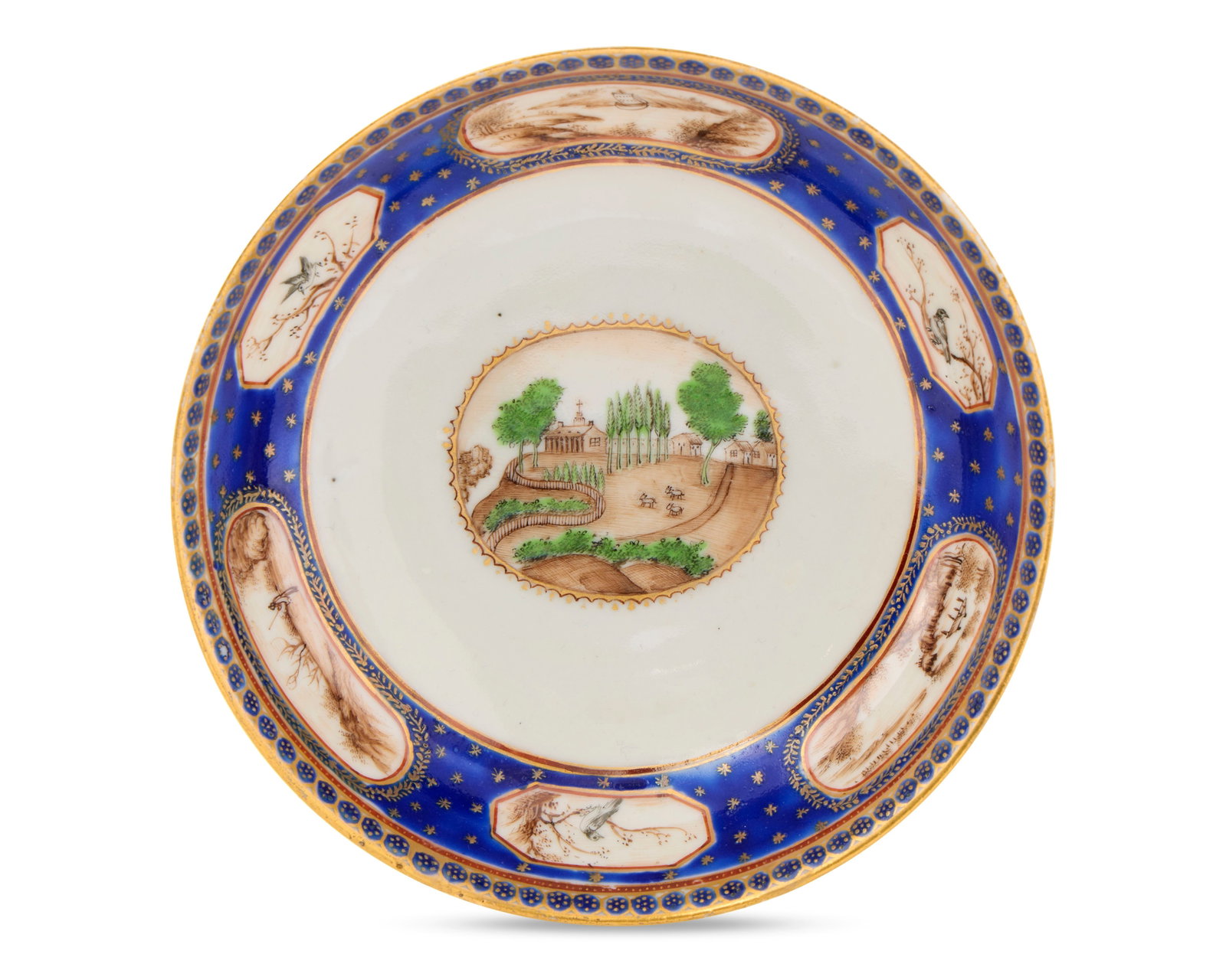Chinese Export American Market Dish, depicting George Washington's Mount Vernon: Chinese Export American Market Dish, depicting George Washington's Mount Vernon ca. 1805; decorated with gilt and cobalt blue star pattern border with sepia landscape and wildlife medallions, with the