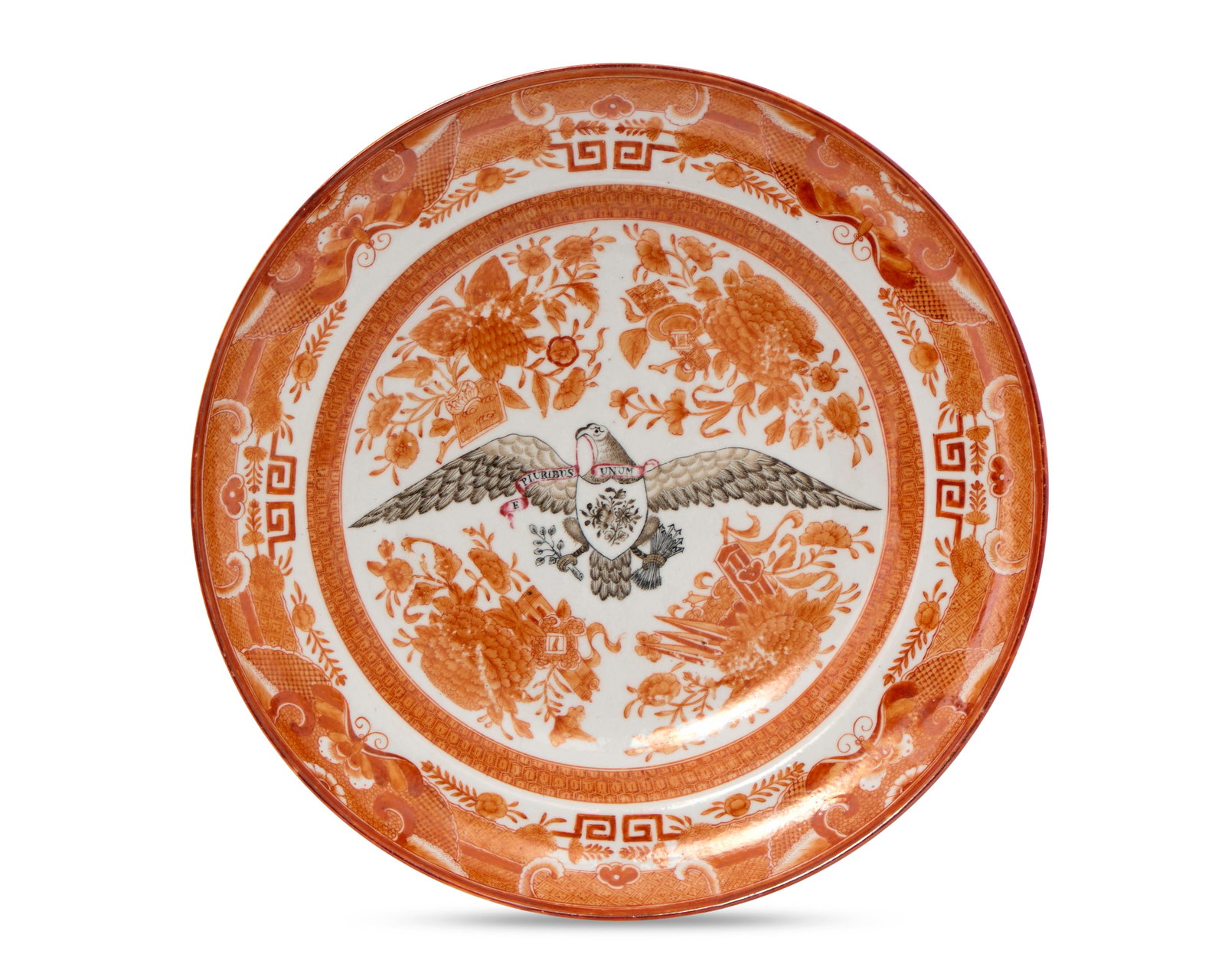 Highly Important and Exceptional Chinese Export American Market Orange Fitzhugh Plate from the: Highly Important and Exceptional Chinese Export American Market Orange Fitzhugh Plate from the service of Captain William Orne, Salem, Massachusetts ca. 1800-1810; depicting a spread-wing eagle holdin