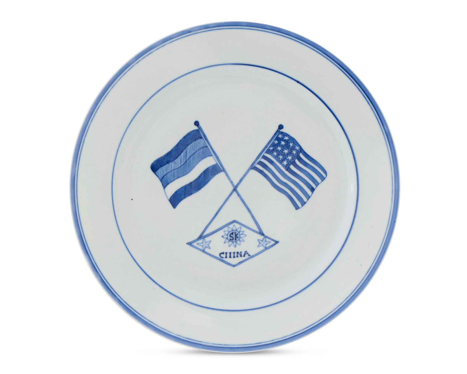 Chinese Export Double Flag Plate: Chinese Export Double Flag Plate ca. 1908; depicting the Five-Colored Flag of the Republic of China crossed with the flag of the United States rising from a diamond-shaped panel inscribed CHINA betwee