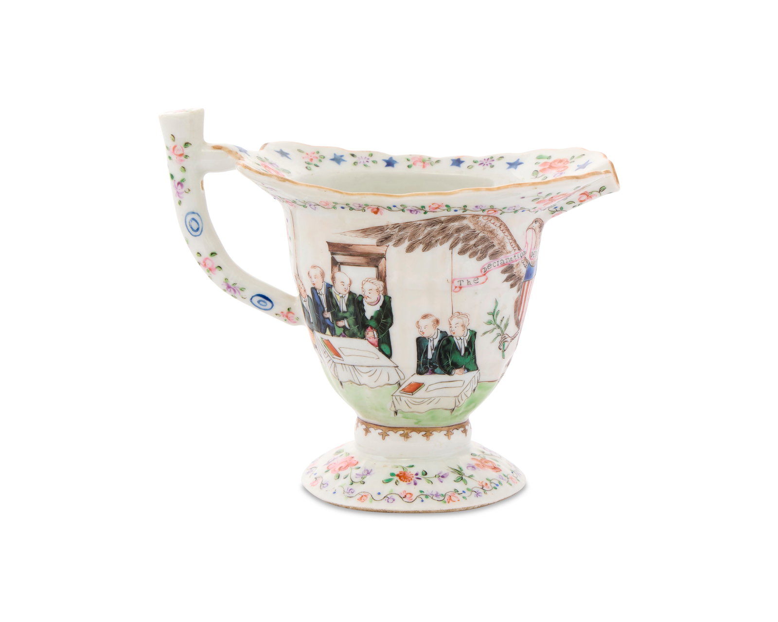 Highly Important Chinese Export American Market 'Declaration of Independence' Helmet Pitcher: Highly Important Chinese Export American Market 'Declaration of Independence' Helmet Pitcher ca. 1926; depicting the signing of the Declaration of Independence and centering a large American eagle