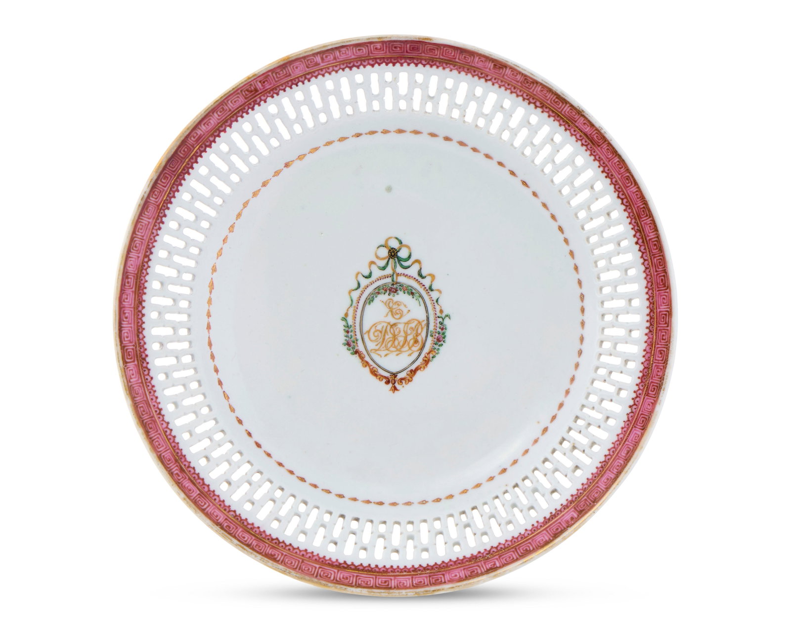 Chinese Export American Market Reticulated Plate, bearing the initials of Dirck Ten Broeck and his: Chinese Export American Market Reticulated Plate, bearing the initials of Dirck Ten Broeck and his wife Cornelia Stuyvesant, The Bronx, New York ca. 1785; bearing a floral draped shield inscribed