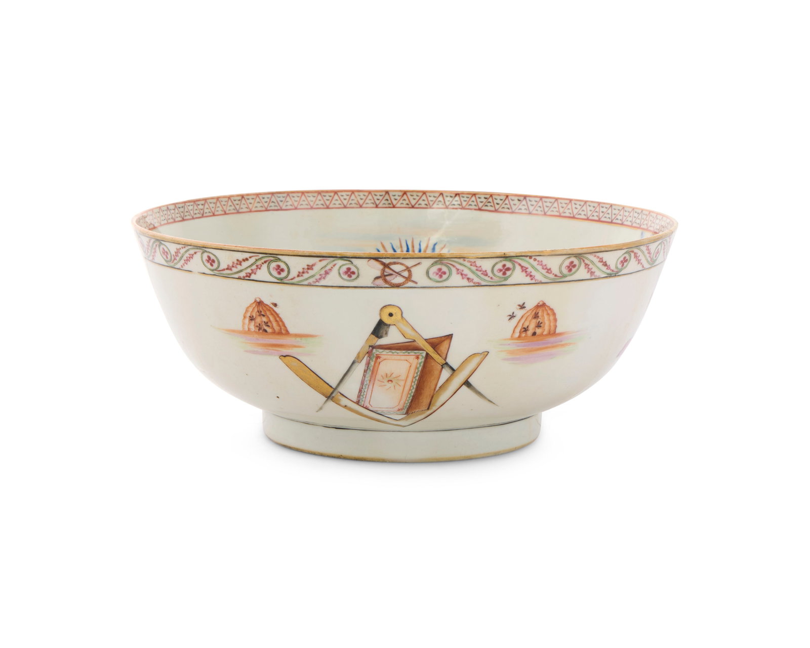 An Important Large Chinese Export American Market Masonic Motif Punch Bowl: An Important Large Chinese Export American Market Masonic Motif Punch Bowl ca. 1790; depicting in polychrome and gilt enamel Masonic motifs including the sun, moon, seven stars of the Pleiades,