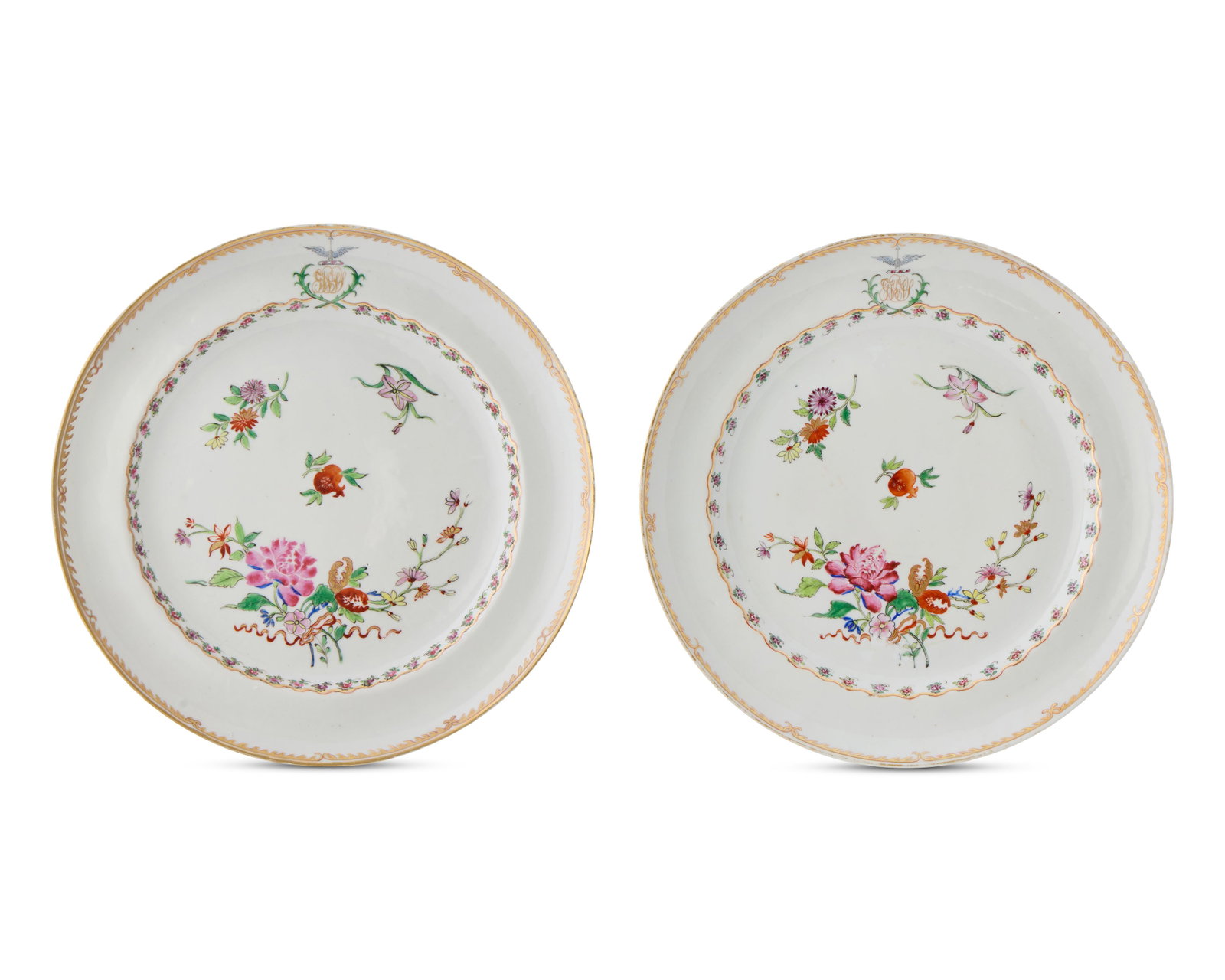 Pair of Chinese Export American Market Armorial Plates from the service of Gerrit W. Van Schaik,: Pair of Chinese Export American Market Armorial Plates from the service of Gerrit W. Van Schaik, Albany, New York ca. 1804; bearing a laurel wreath shield crested by a bird, inscribed GWVS; decorated 