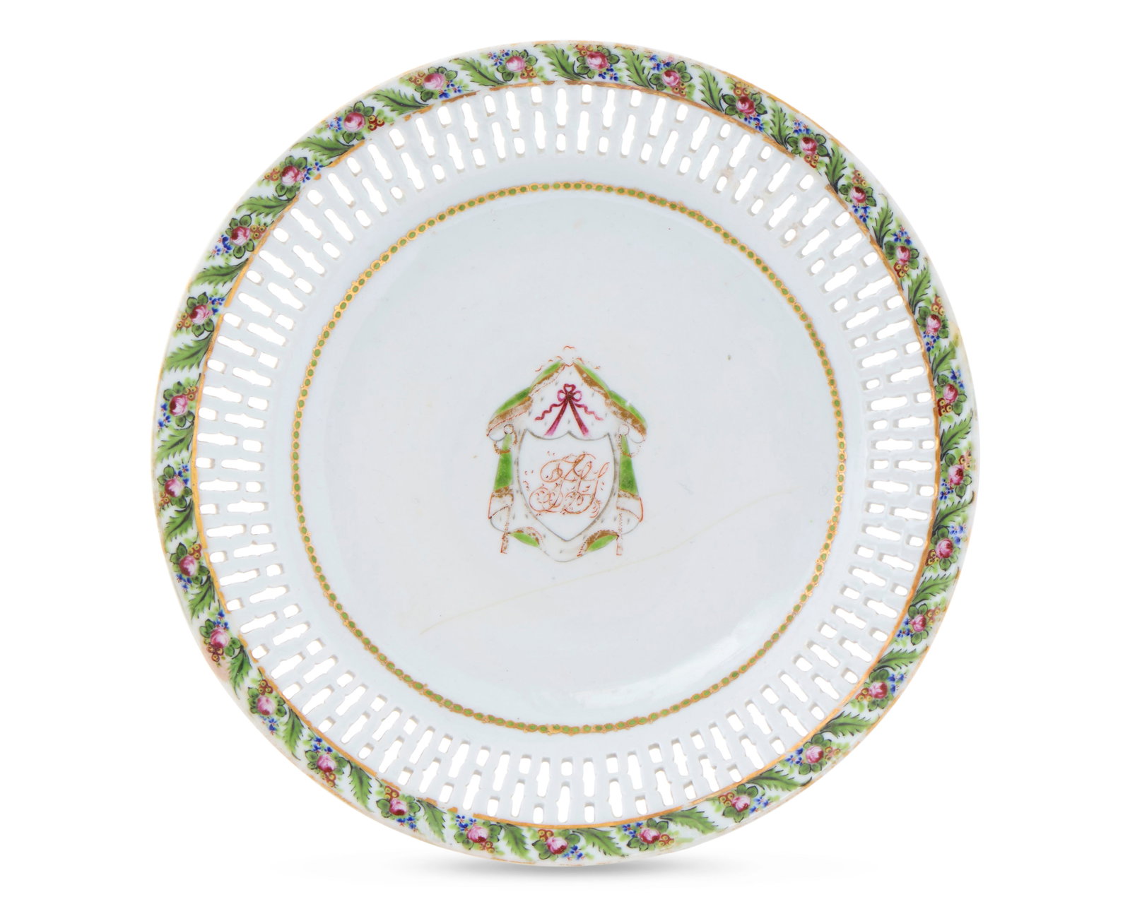 Chinese Export American Market Reticulated Plate from the service of Theodore and Lydia Lyman,: Chinese Export American Market Reticulated Plate from the service of Theodore and Lydia Lyman, Boston, Massachusetts ca. 1786; bearing monogram TLL in a draped heraldic shield; decorated with polychro