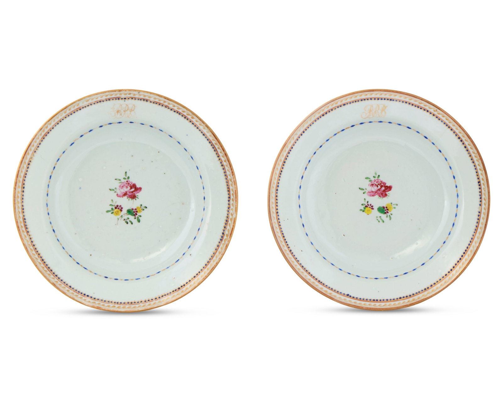 Pair of American Market Famille Rose Plates, bearing monogram of Robert and Ruth Boyd, Portland,: Pair of American Market Famille Rose Plates, bearing monogram of Robert and Ruth Boyd, Portland, Maine ca. 1795-1805; bearing the monogram RRB for Robert and Ruth Smith Boyd of Portland, Maine (which,