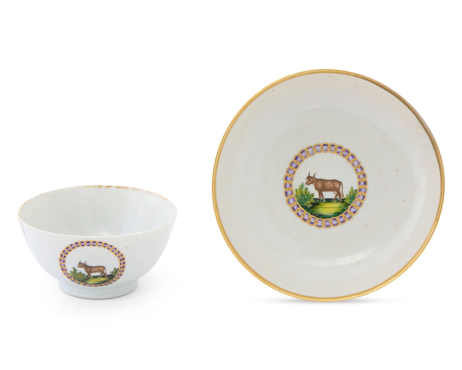 Important Chinese Export American Market 'Cow Pox' Bowl and Saucer from the service of Dr. Benjamin: Important Chinese Export American Market 'Cow Pox' Bowl and Saucer from the service of Dr. Benjamin Waterhouse, Cambridge, Massachusetts ca. 1805; depicting a polychrome image of a cow and decorated w