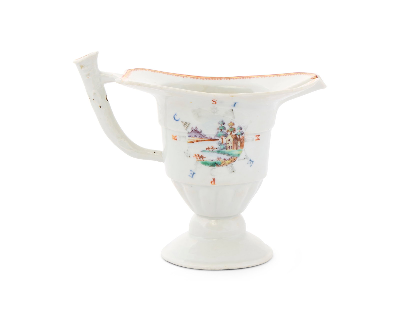 Unrecorded Chinese Export American Market Masonic Subject Helmet Pitcher, likely for a Boston area: Unrecorded Chinese Export American Market Masonic Subject Helmet Pitcher, likely for a Boston area Masonic Lodge ca. 1810; decorated with polychrome enamels, the central roundel depicting a landscape 