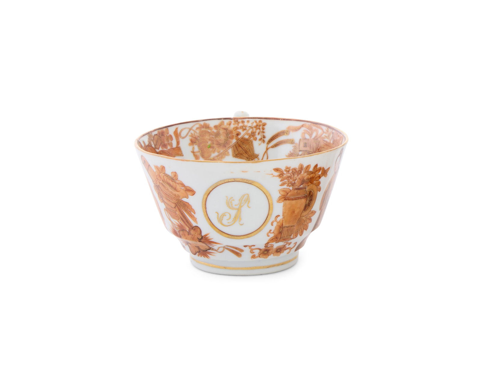 Chinese Export American Market Cup from the service of Nathaniel Silsbee, a U.S. Senator, of Salem,: Chinese Export American Market Cup from the service of Nathaniel Silsbee, a U.S. Senator, of Salem, Massachusetts ca. 1810; depicting in sepia and gilt alternating figures and precious-objects motifs;