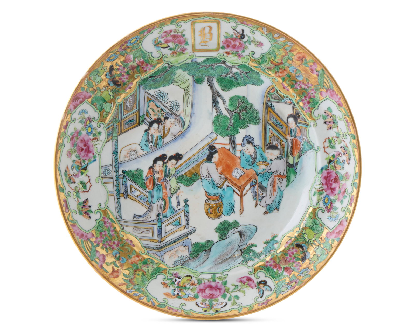 Chinese Export American Market Plate for the Boyden Family of Massachusetts: Chinese Export American Market Plate for the Boyden Family of Massachusetts ca. 1825; depicting a figural courtly scene; bearing at the top the gilt monogram B; decorated with polychrome floral and bu