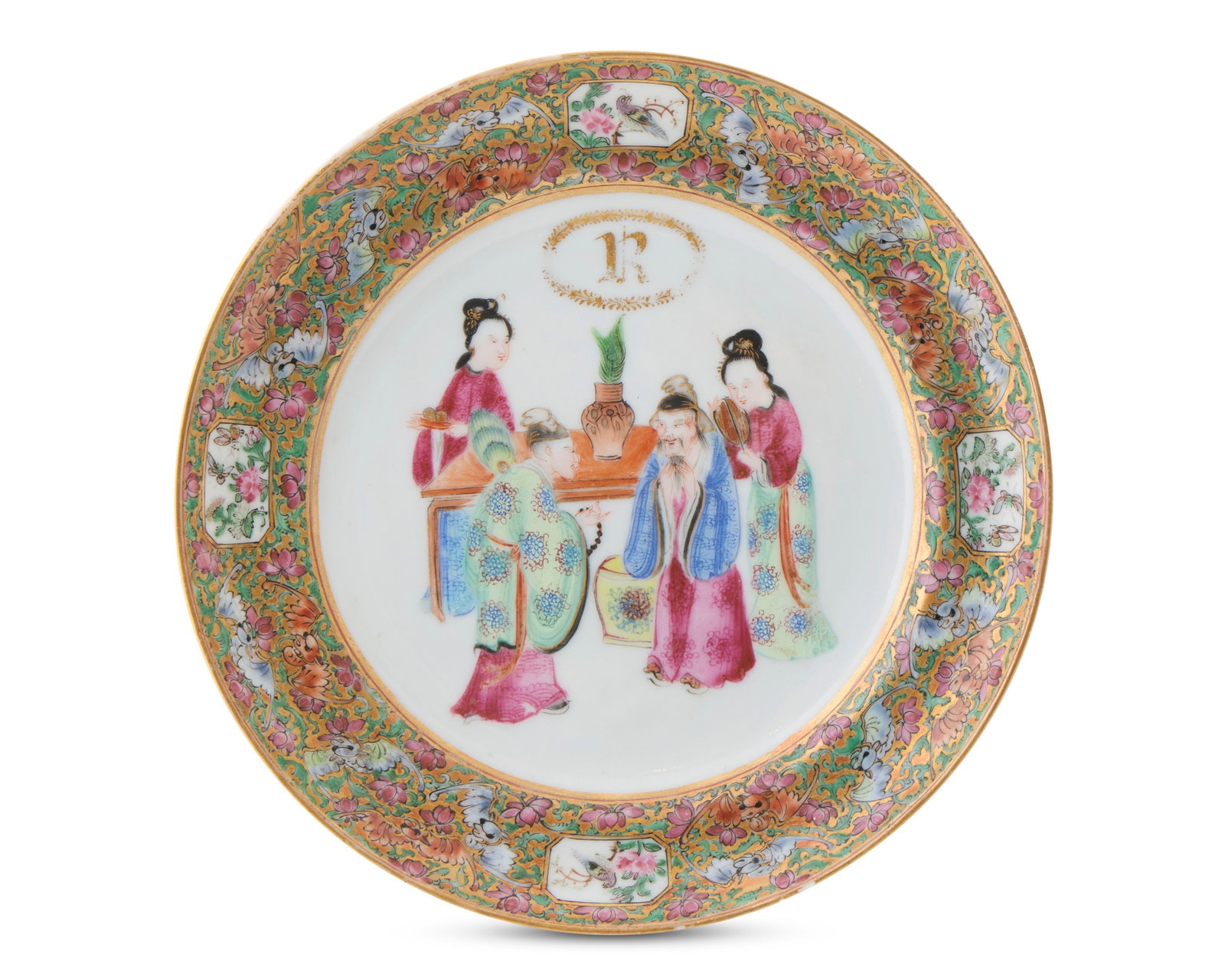 A Very Rare Chinese Export American Market Canton Famille Rose Plate, made for Samuel Hammond: A Very Rare Chinese Export American Market Canton Famille Rose Plate, made for Samuel Hammond Russell of Boston and Nahant, Massachusetts ca. 1845; decorated with a border of orange and blue flying ba
