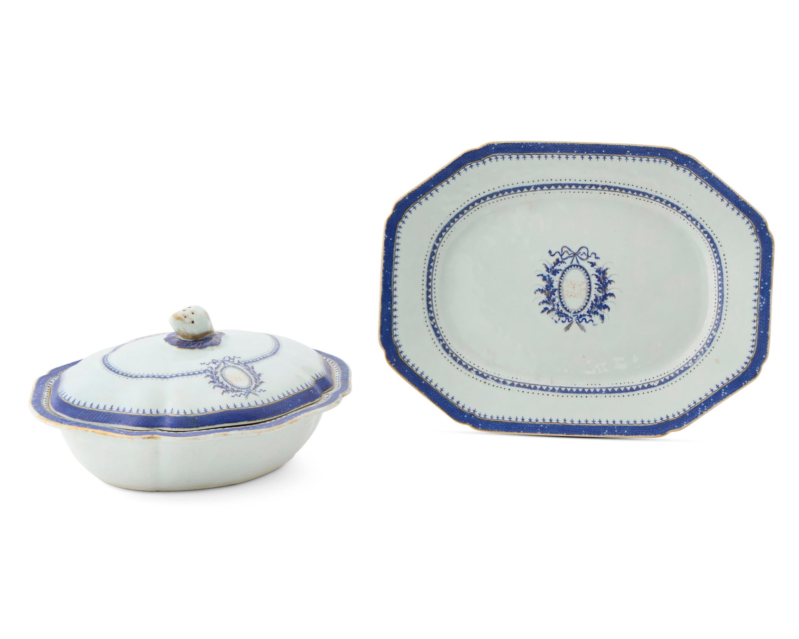 Chinese Export American Market Lobed Tureen and Undertray, likely for the Lewis Family,: Chinese Export American Market Lobed Tureen and Undertray, likely for the Lewis Family, Philadelphia, Pennsylvania ca. 1796-1800; bearing a central laurel wreath inscribed with the gilt monogram SL; d