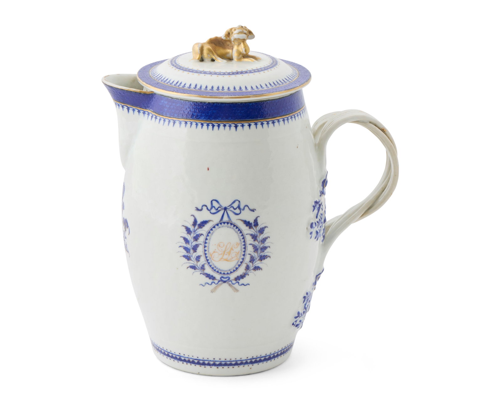 Chinese Export American Market Cider Jug, likely for the Lewis Family, Philadelphia, Pennsylvania: Chinese Export American Market Cider Jug, likely for the Lewis Family, Philadelphia, Pennsylvania ca. 1796-1800; bearing a central laurel wreath inscribed with the gilt monogram SL; decorated with cob