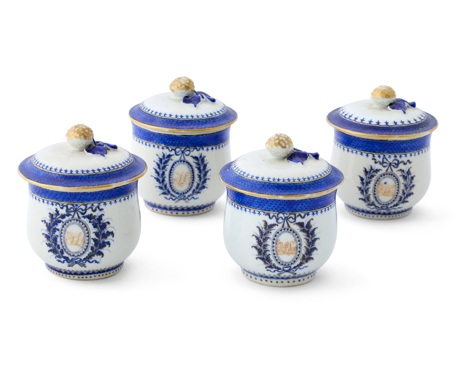 Four Chinese Export American Market Custard Cups, likely for the Lewis Family, Philadelphia,: Four Chinese Export American Market Custard Cups, likely for the Lewis Family, Philadelphia, Pennsylvania ca. 1796-1800; featuring double-strap handles with floral terminals and cassia flower finials;