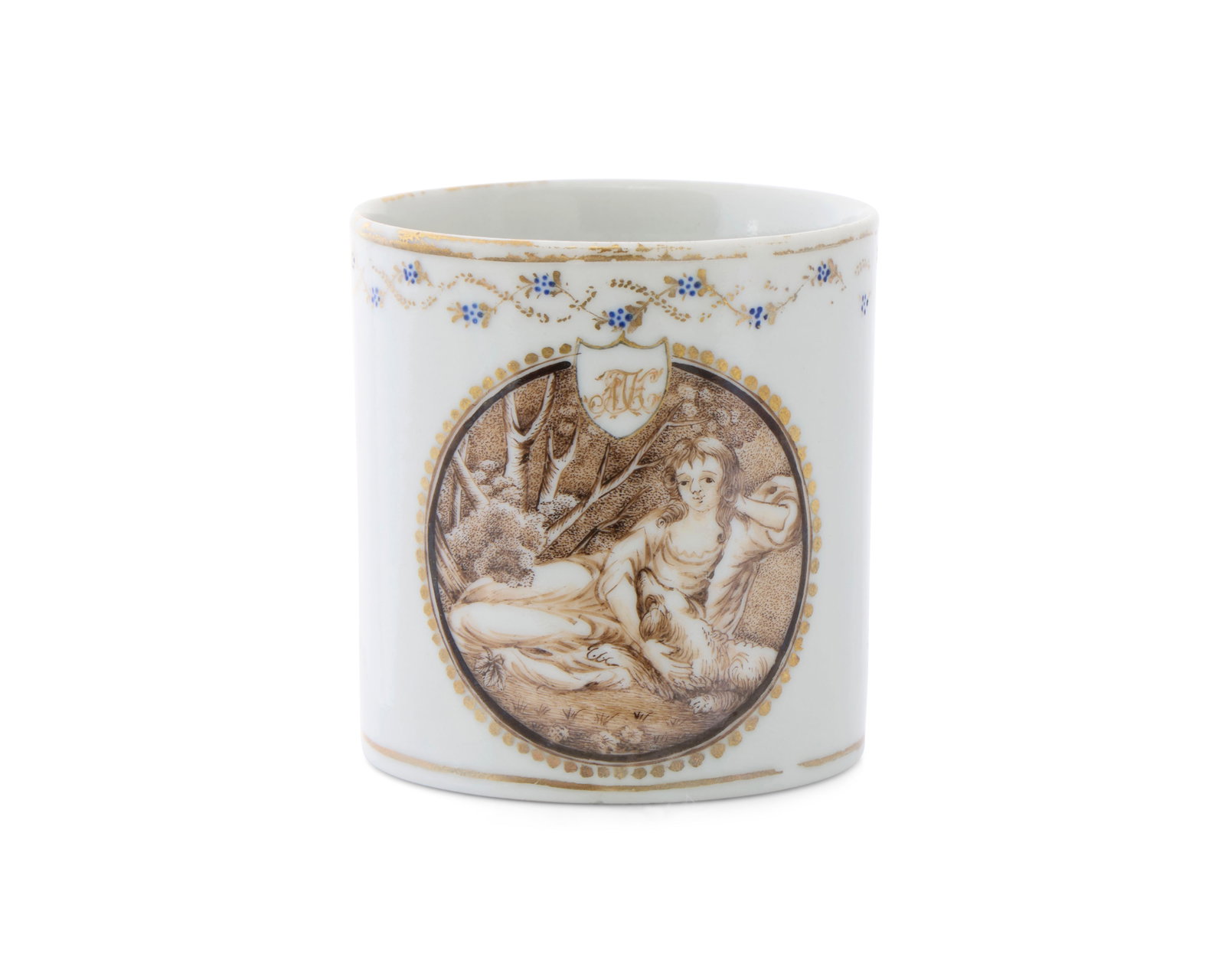 Chinese Export American Market Coffee Can, belonging to Mary Hemphill Jones, Wilmington, Delaware: Chinese Export American Market Coffee Can, belonging to Mary Hemphill Jones, Wilmington, Delaware ca. 1808; depicting in the central roundel a sepia outdoor scene of a girl lounging with a dog; bearin