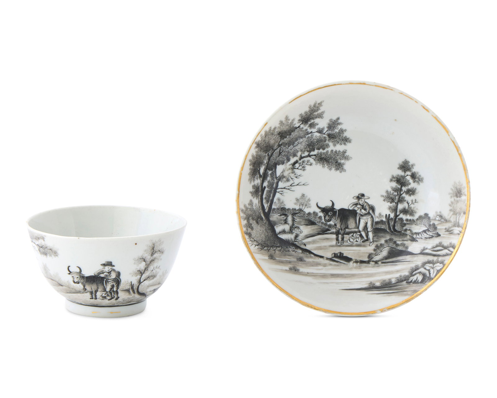 Chinese Export American Market 'Quaker Farmer' Tea Bowl and Saucer for the Morris Family,: Chinese Export American Market 'Quaker Farmer' Tea Bowl and Saucer for the Morris Family, Philadelphia, Pennsylvania ca. 1810; depicting in gilt and en grisaille an outdoor scene of a farmer with a co
