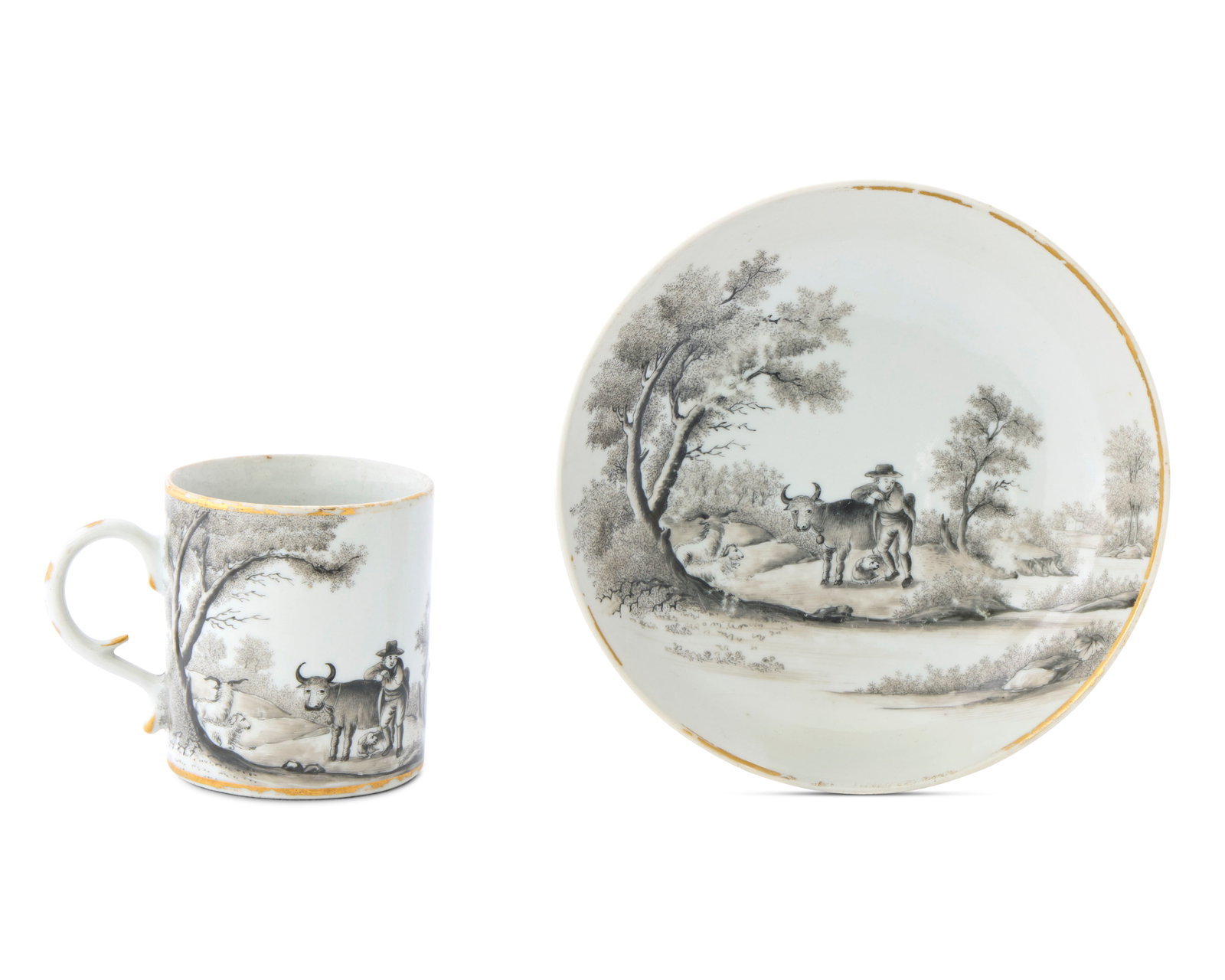 Rare Chinese Export American Market 'Quaker Farmer' Coffee Can and Saucer for the Morris Family,: Rare Chinese Export American Market 'Quaker Farmer' Coffee Can and Saucer for the Morris Family, Philadelphia, Pennsylvania ca. 1810; depicting in gilt and en grisaille an outdoor scene of a farmer wi