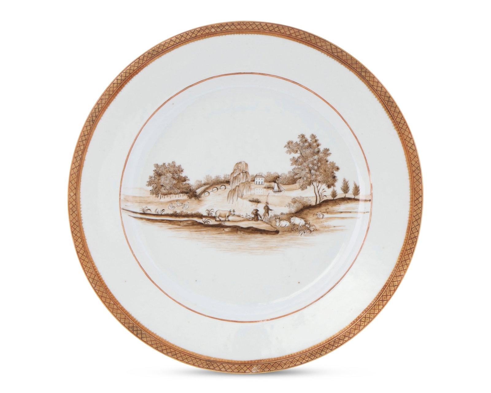 Important Chinese Export American Market ‘Schuylkill River’ Landscape Plate for the Philadelphia: Important Chinese Export American Market ‘Schuylkill River’ Landscape Plate for the Philadelphia Market, presumably ordered by Richard Bache, son-in-law of Benjamin Franklin ca. 1810; depicting a 