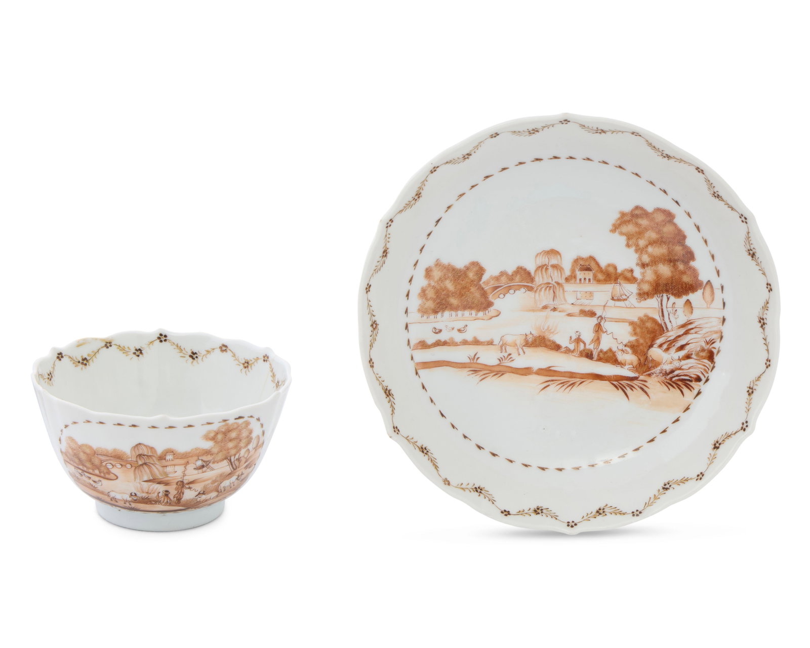 Chinese Export American Market Cup and Saucer, depicting Lemon Hill on the Schuykill River,: Chinese Export American Market Cup and Saucer, depicting Lemon Hill on the Schuykill River, Philadelphia, Pennsylvania ca. 1810; depicting in the central roundel a sepia landscape with figures and fau