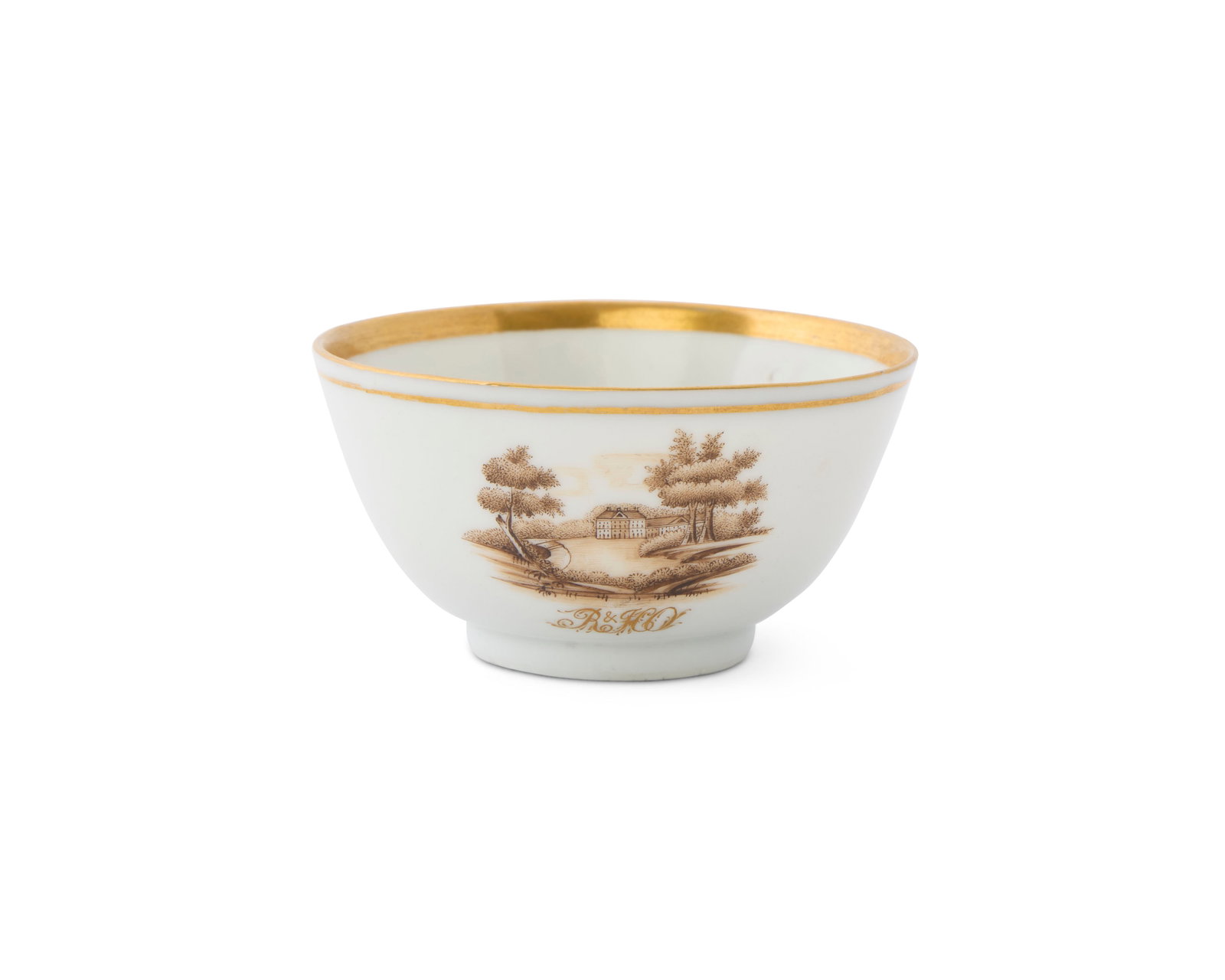 Chinese Export American Market Miniature Waste Bowl from the service of Richard and Hannah Oakford,: Chinese Export American Market Miniature Waste Bowl from the service of Richard and Hannah Oakford, Philadelphia, Pennsylvania ca. 1820-1825; depicting a central scene of a distant country house with 