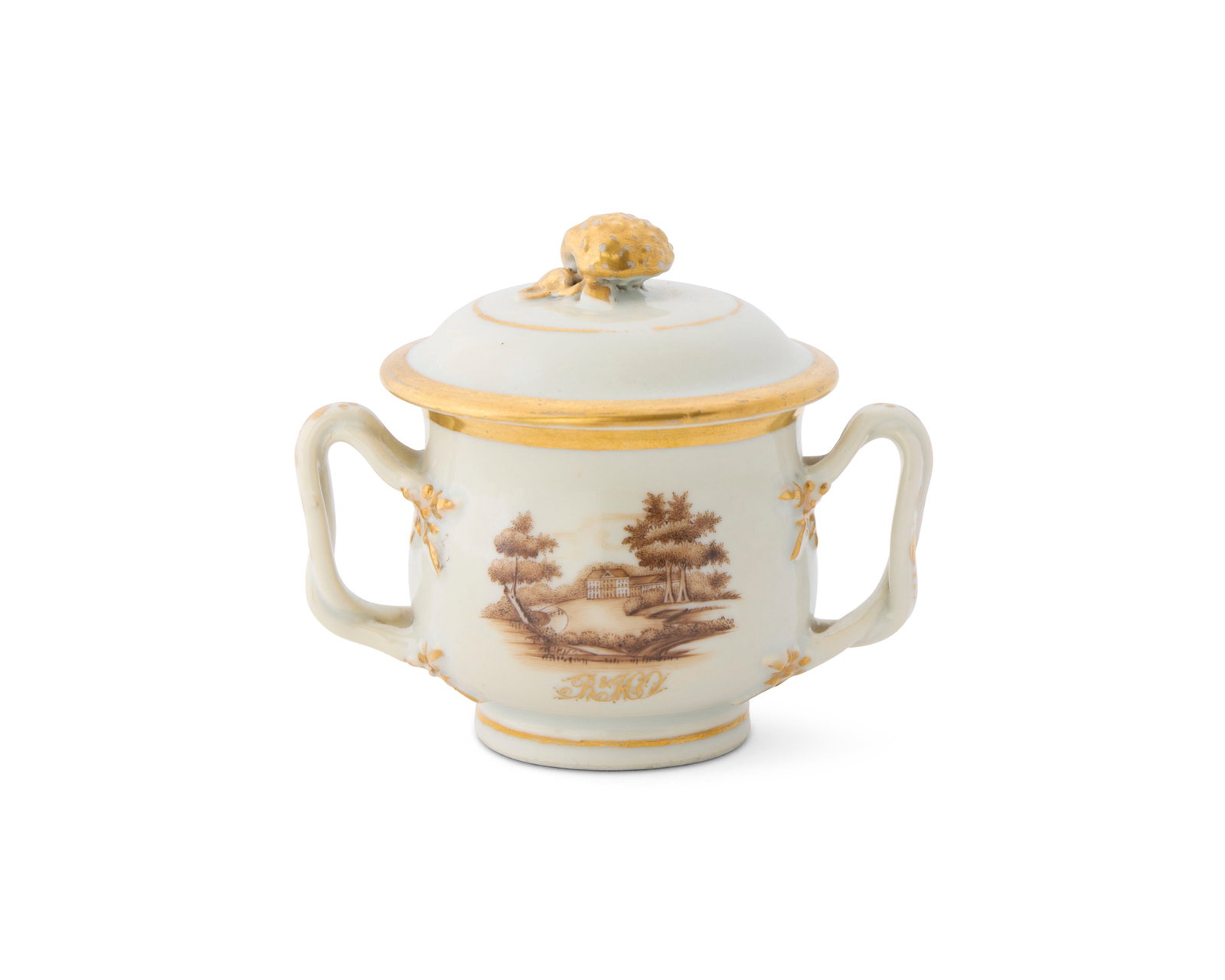 Chinese Export American Market Miniature Sugar Bowl from the service of Richard and Hannah Oakford,: Chinese Export American Market Miniature Sugar Bowl from the service of Richard and Hannah Oakford, Philadelphia, Pennsylvania ca. 1820-1825; depicting a central scene of a distant country house with 
