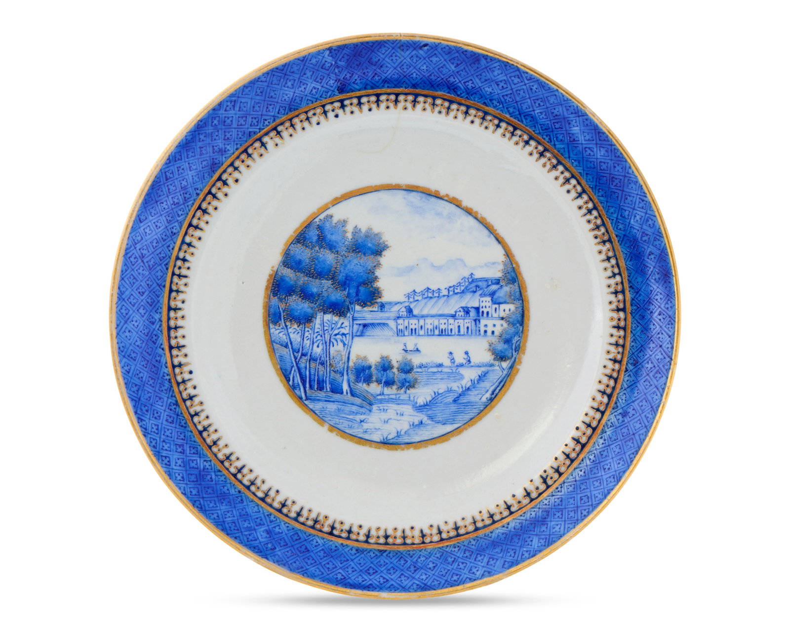 Extremely Rare Chinese Export American Market Dish, depicting the Fairmount Water Works in: Extremely Rare Chinese Export American Market Dish, depicting the Fairmount Water Works in Philadelphia, Pennsylvania ca. 1825; the central roundel depicting the Fairmount Water Works in Philadelphia 