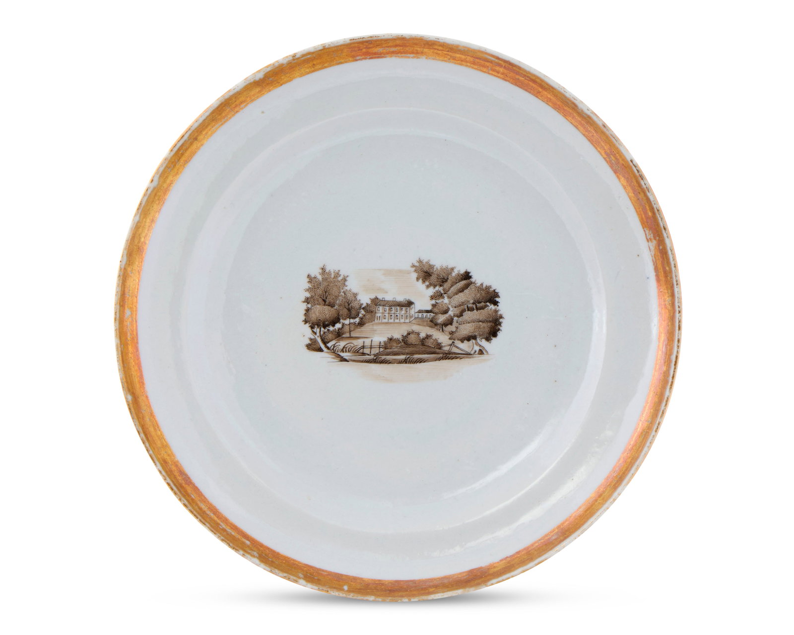 Chinese Export American Market Plate from the service of the Jones Family, Philadelphia,: Chinese Export American Market Plate from the service of the Jones Family, Philadelphia, Pennsylvania ca. 1825; painted in sepia with a distinctive view of a large Federal building with another single